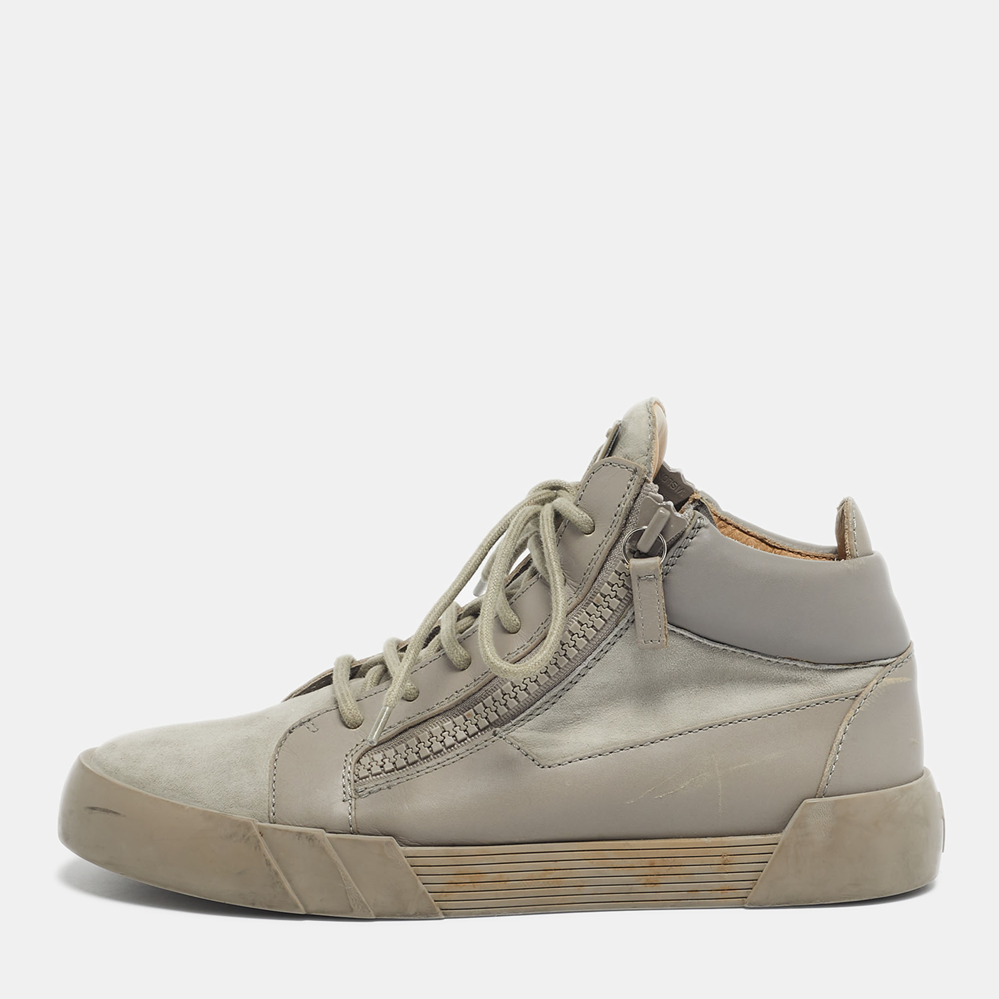 

Giuseppe Zanotti Grey Leather and Suede Double Sketch High Top Sneakers Size