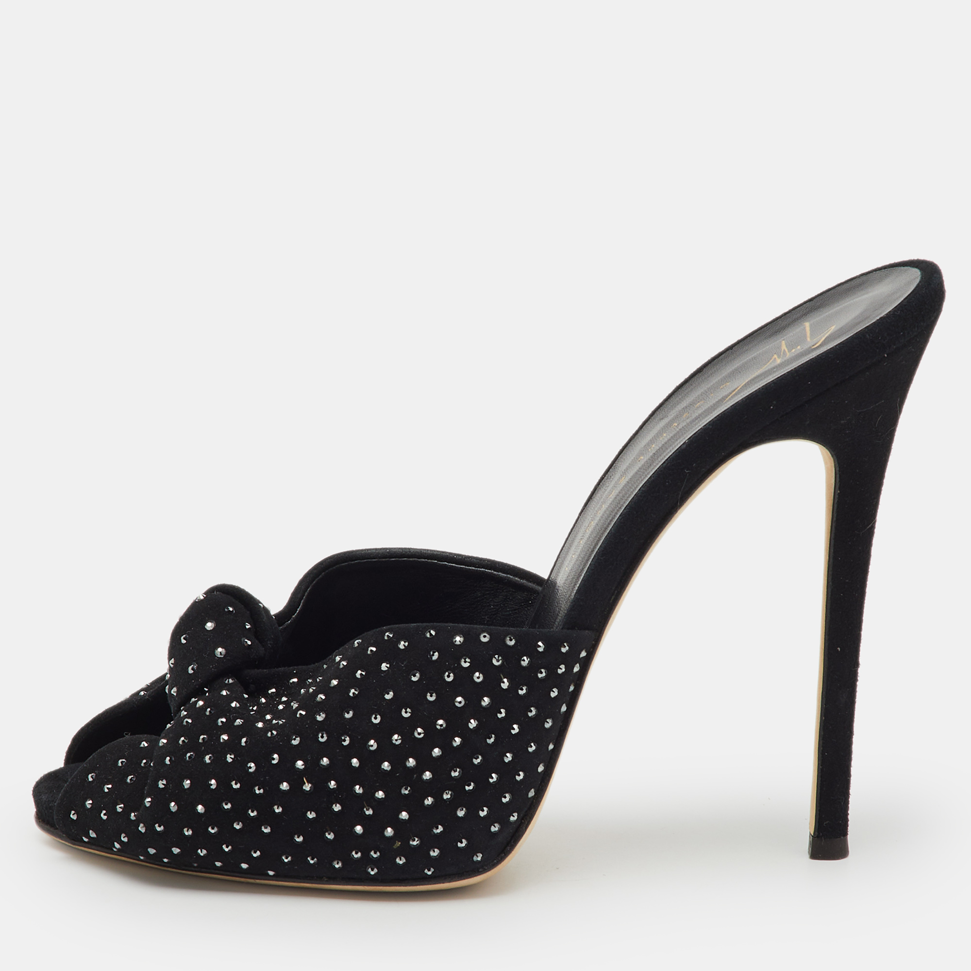 Pre-owned Giuseppe Zanotti Black Suede Crystal Embellished Slide Sandals Size 38