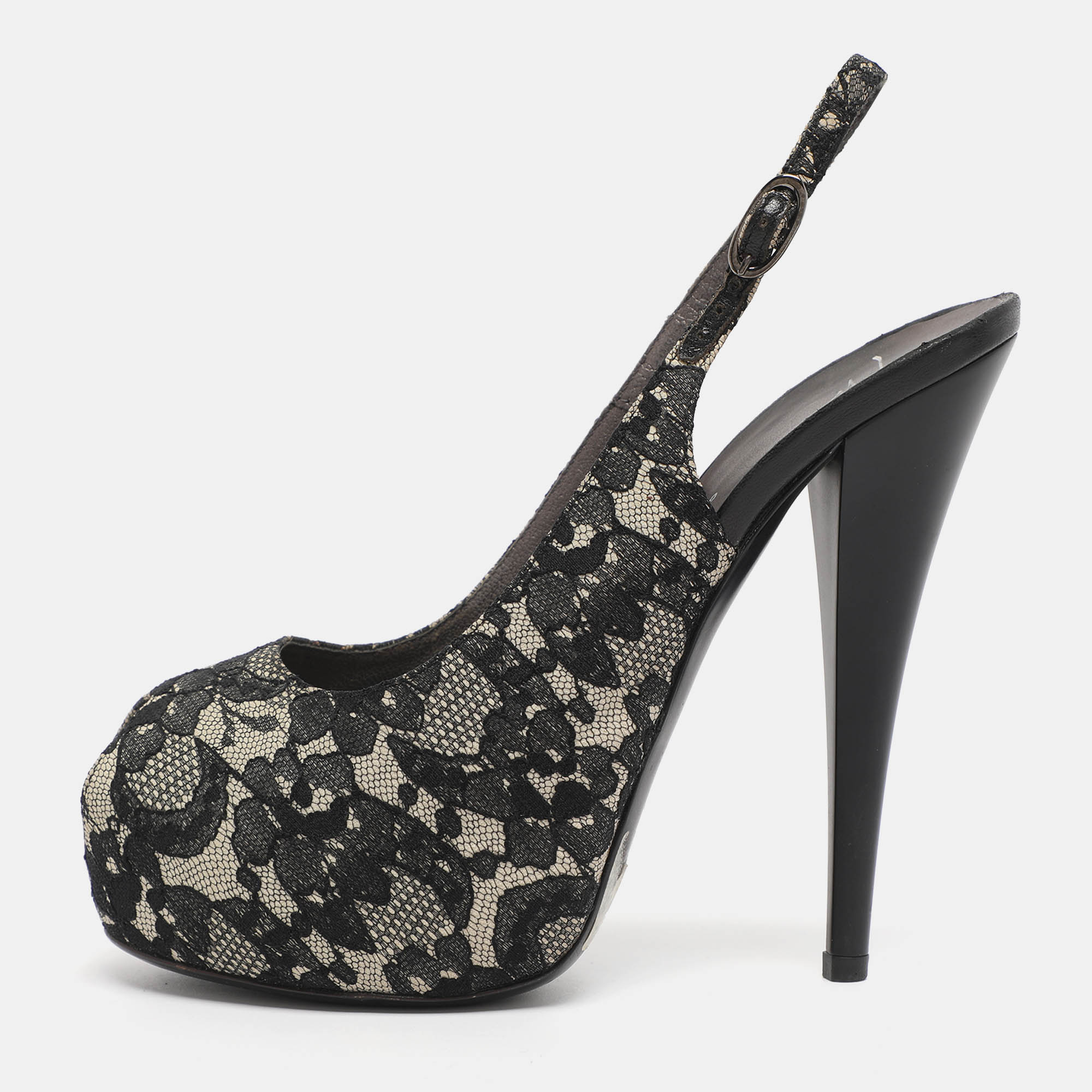 Pre-owned Giuseppe Zanotti Black/beige Lace Slingback Platform Pumps Size 36.5