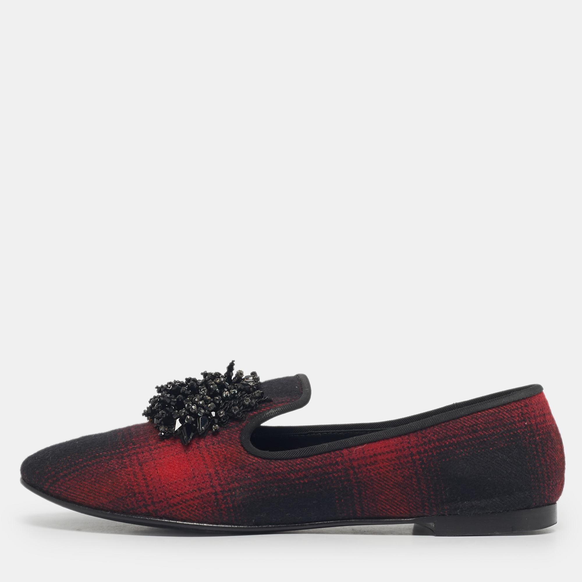 Pre-owned Giuseppe Zanotti Black/red Fabric Leather Crystal Embellished Loafers Size 38