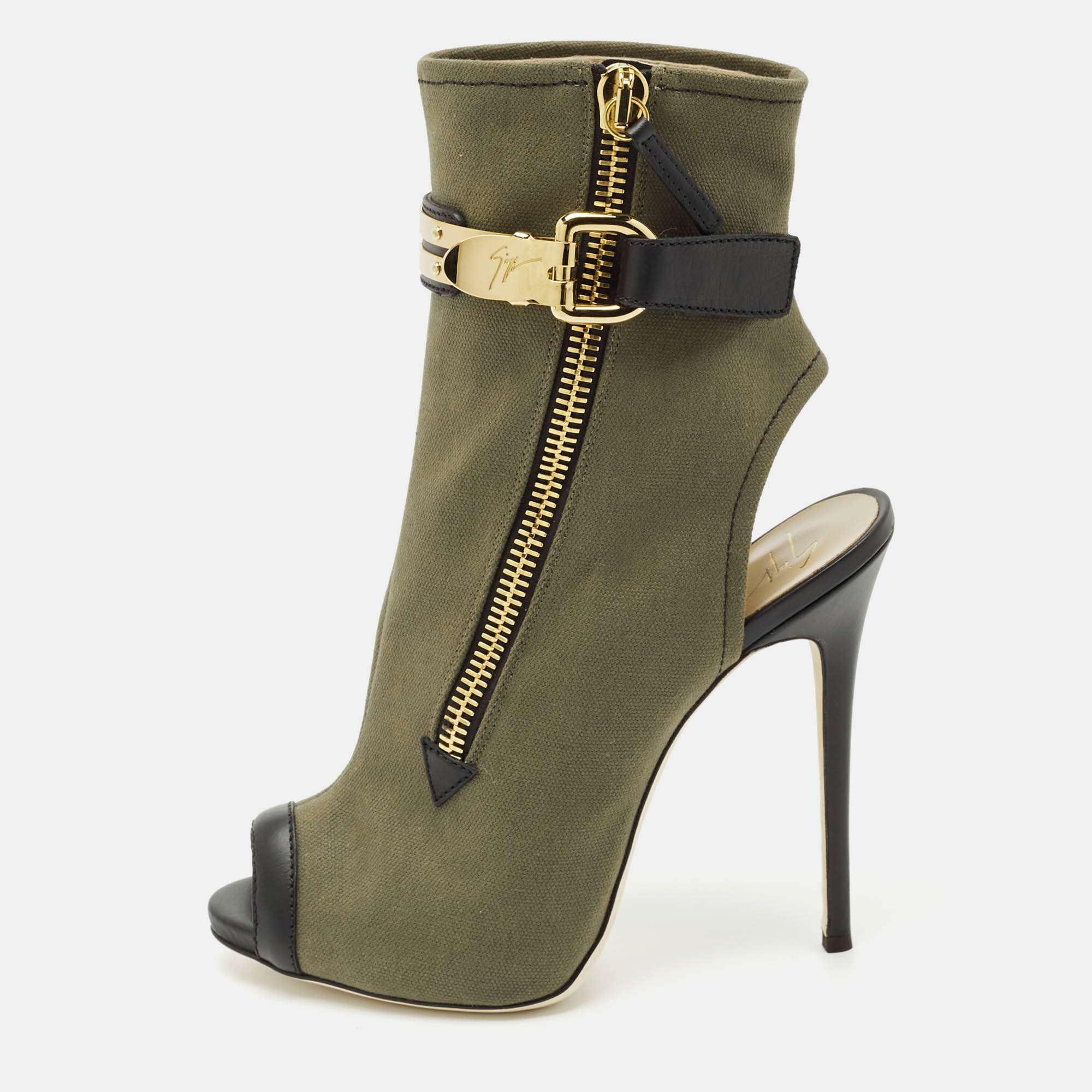 Giuseppe Zanotti Green  Canvas and Leather Roxie Peep Toe Cut Out Ankle Boots  Size 40