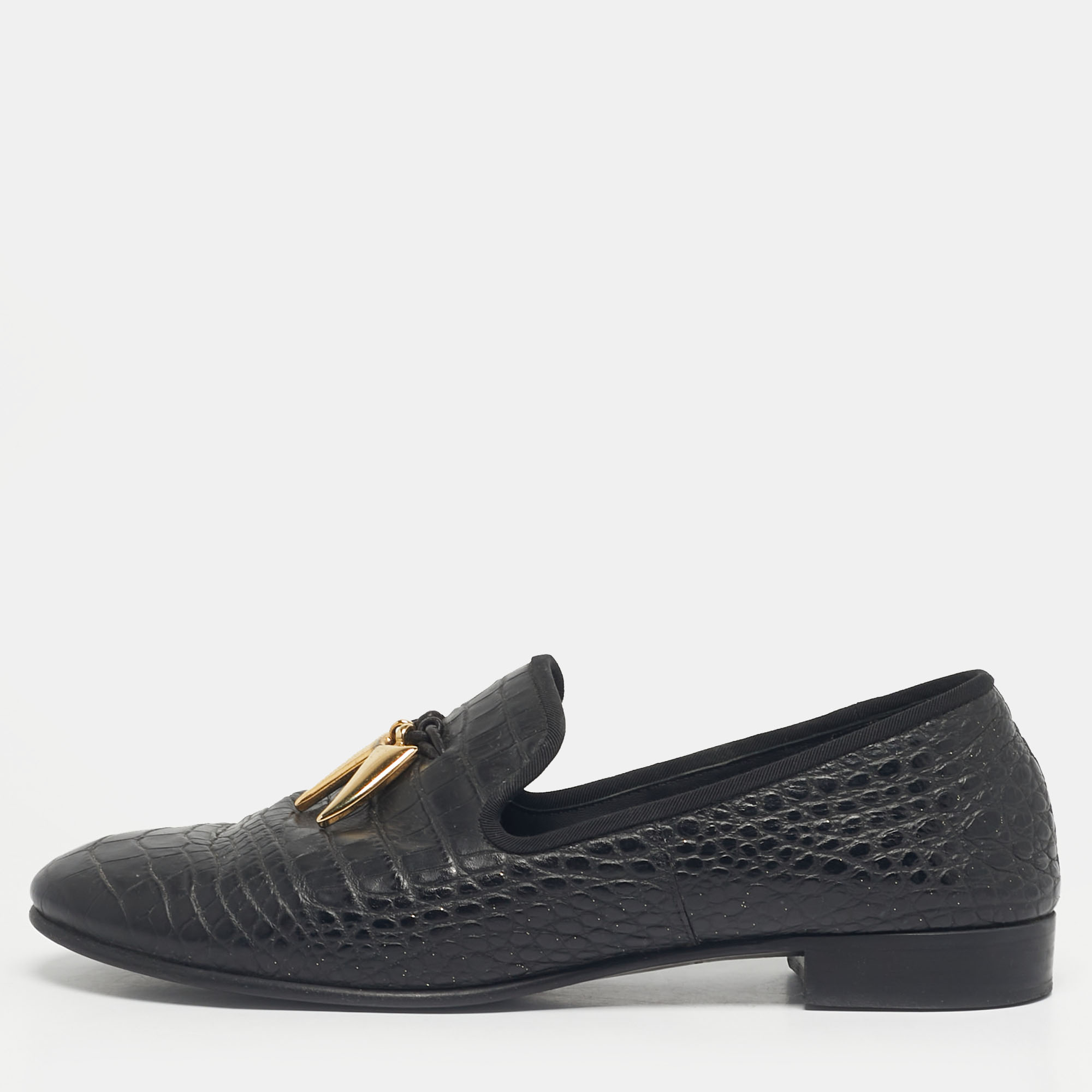 Pre-owned Giuseppe Zanotti Black Croc Embossed Leather Shark Tooth Smoking Slippers Size 42