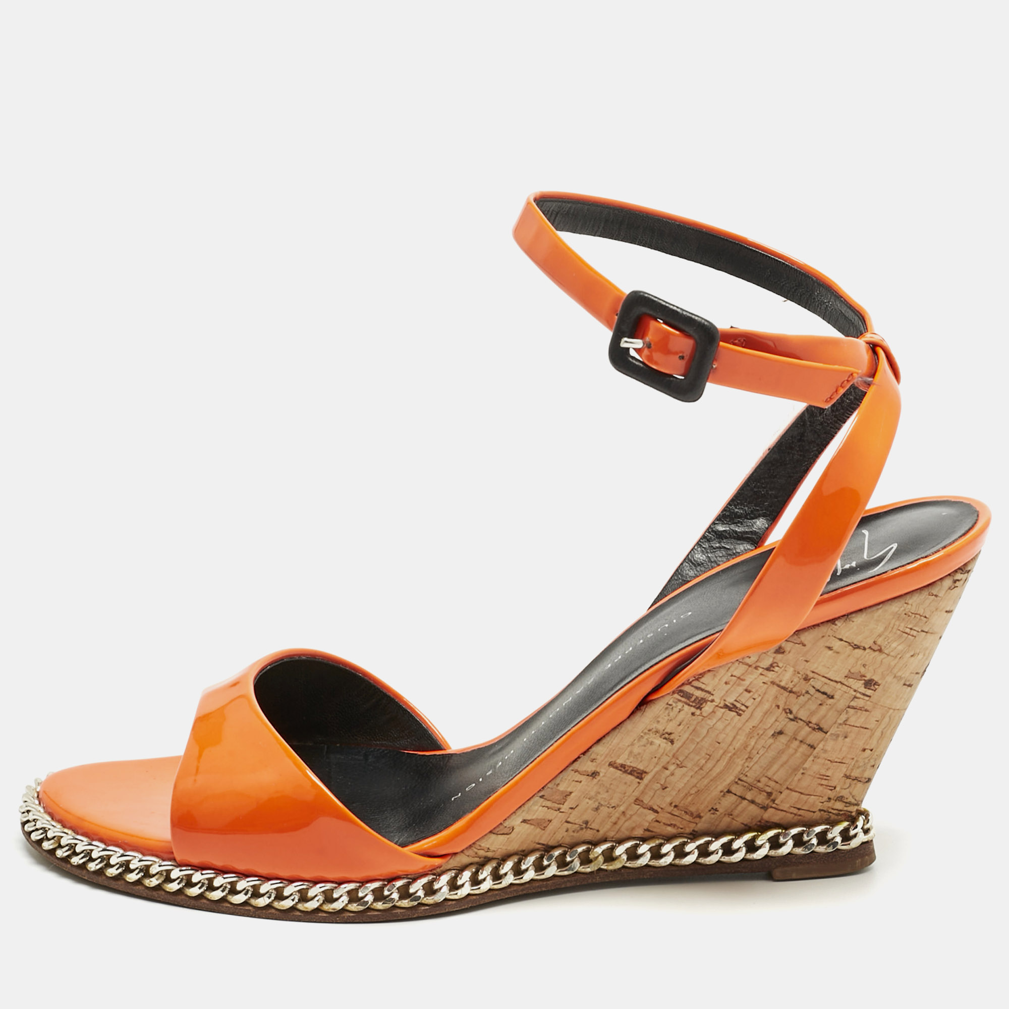 Pre-owned Giuseppe Zanotti Orange Patent Leather Ankle-strap Chain Wedge Sandals Size 37