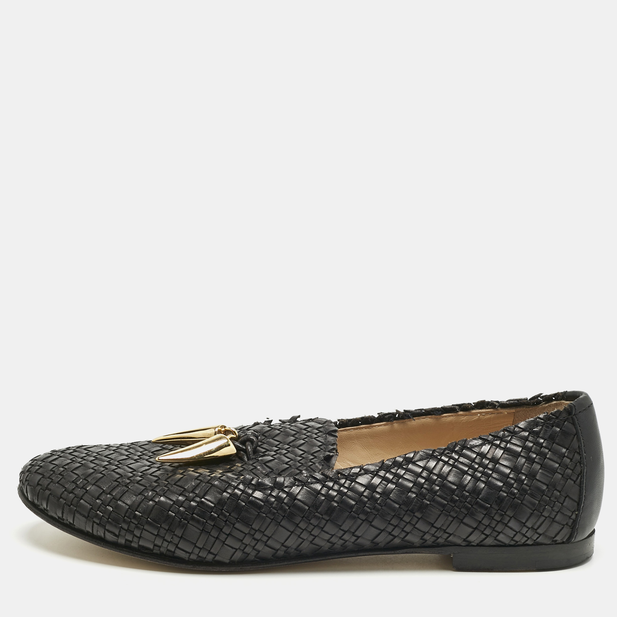 Pre-owned Giuseppe Zanotti Black Woven Leather Shark Tooth Embellish Smoking Slippers Size 37