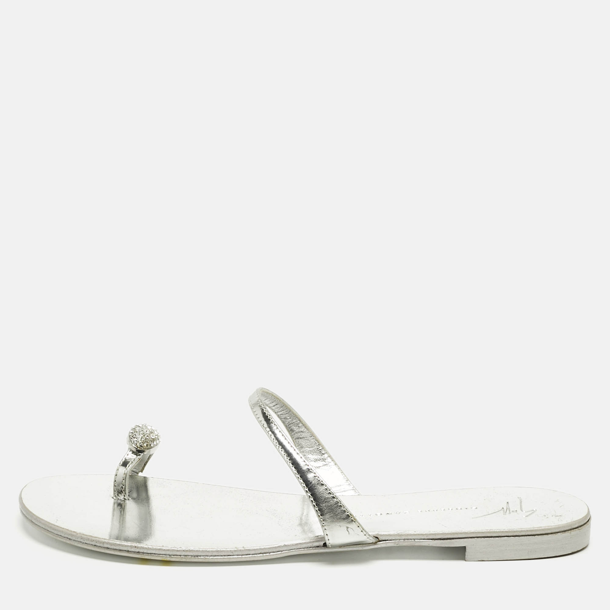 Pre-owned Giuseppe Zanotti Silver Leather Crystal Embellished Toe Ring Flat Sandals Size 38