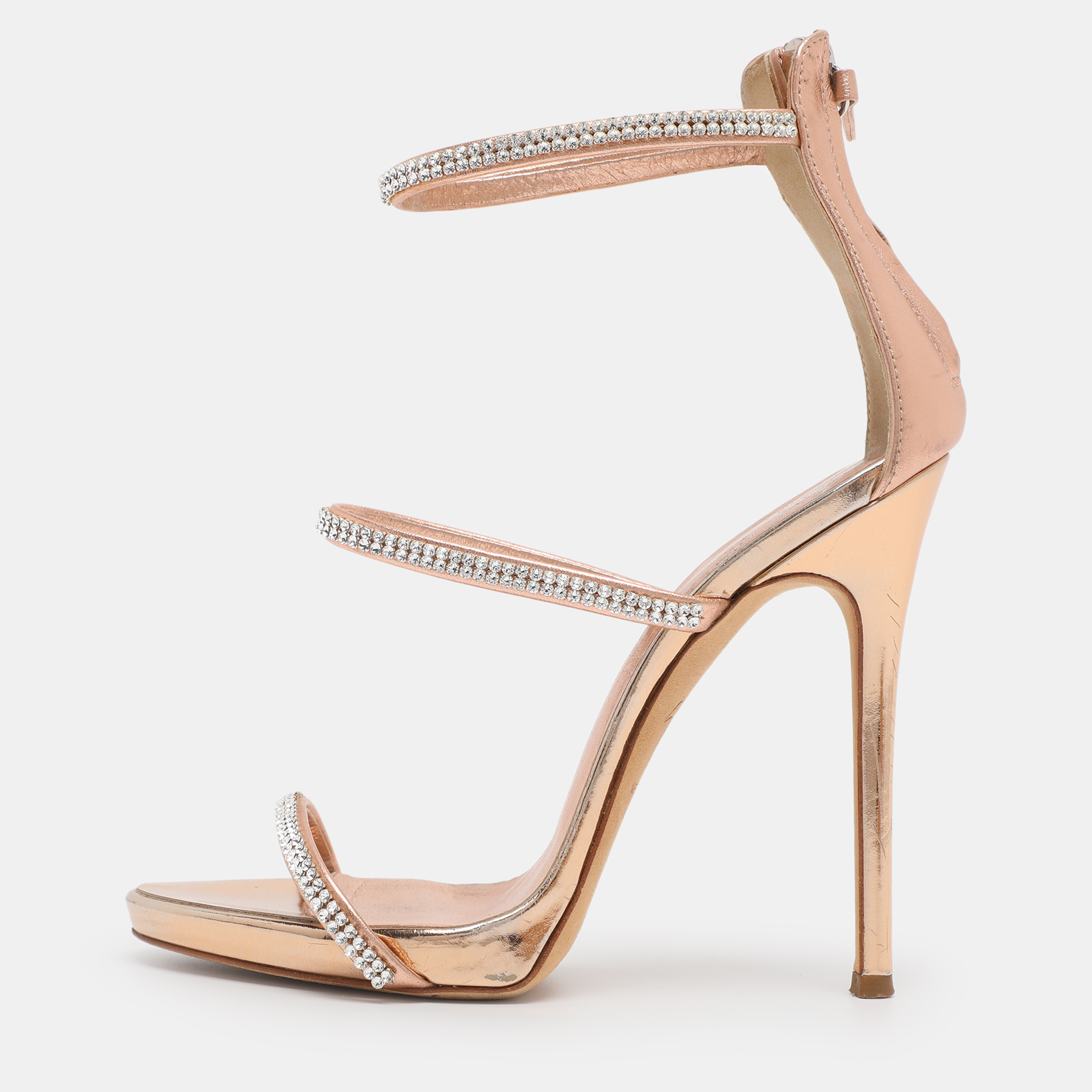 Pre-owned Giuseppe Zanotti Metallic Rose Gold Foil Leather Harmony Ankle Cuff Sandals Size 36 In Silver