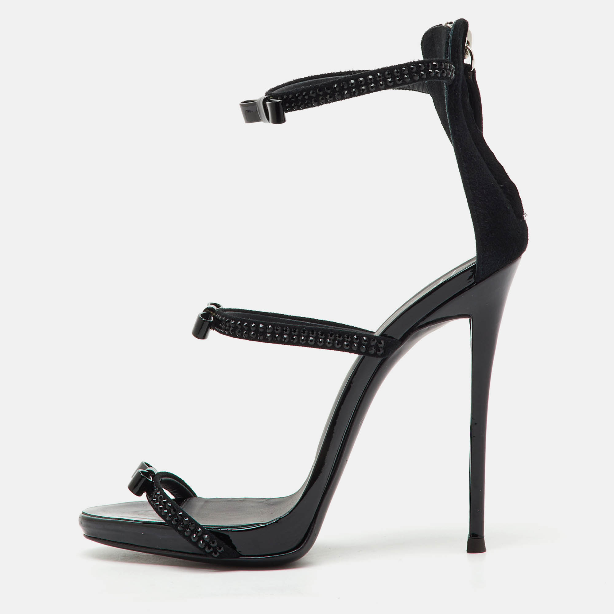 Pre-owned Giuseppe Zanotti Black Suede And Patent Leather Bow Harmony Ankle Strap Sandals Size 36