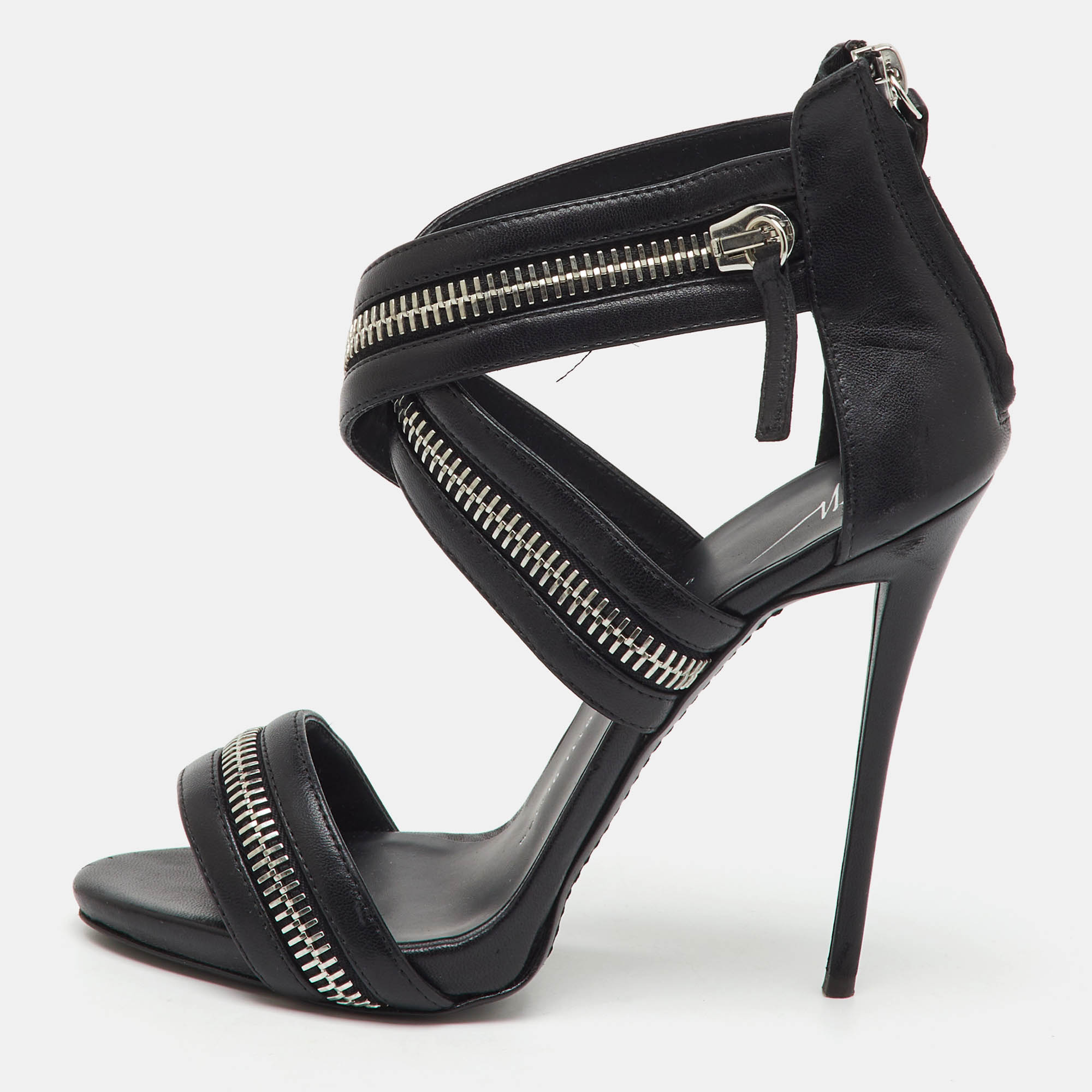 Pre-owned Giuseppe Zanotti Black Leather Zipper Ankle Strap Sandals Size 38