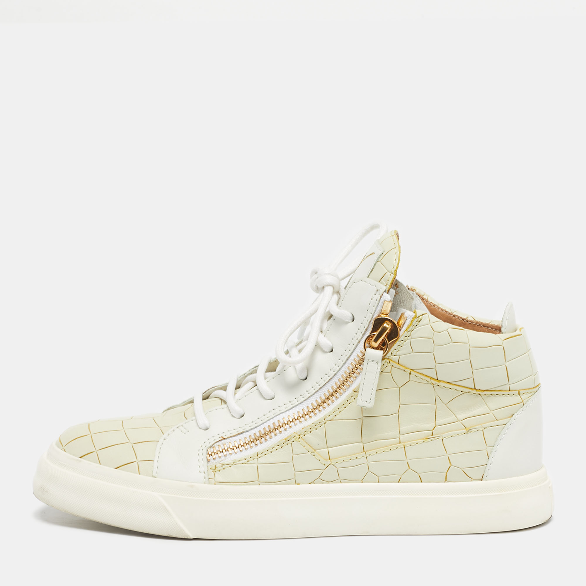 

Giuseppe Zanotti Cream/White Croc Embossed and Leather High Top Sneakers Size