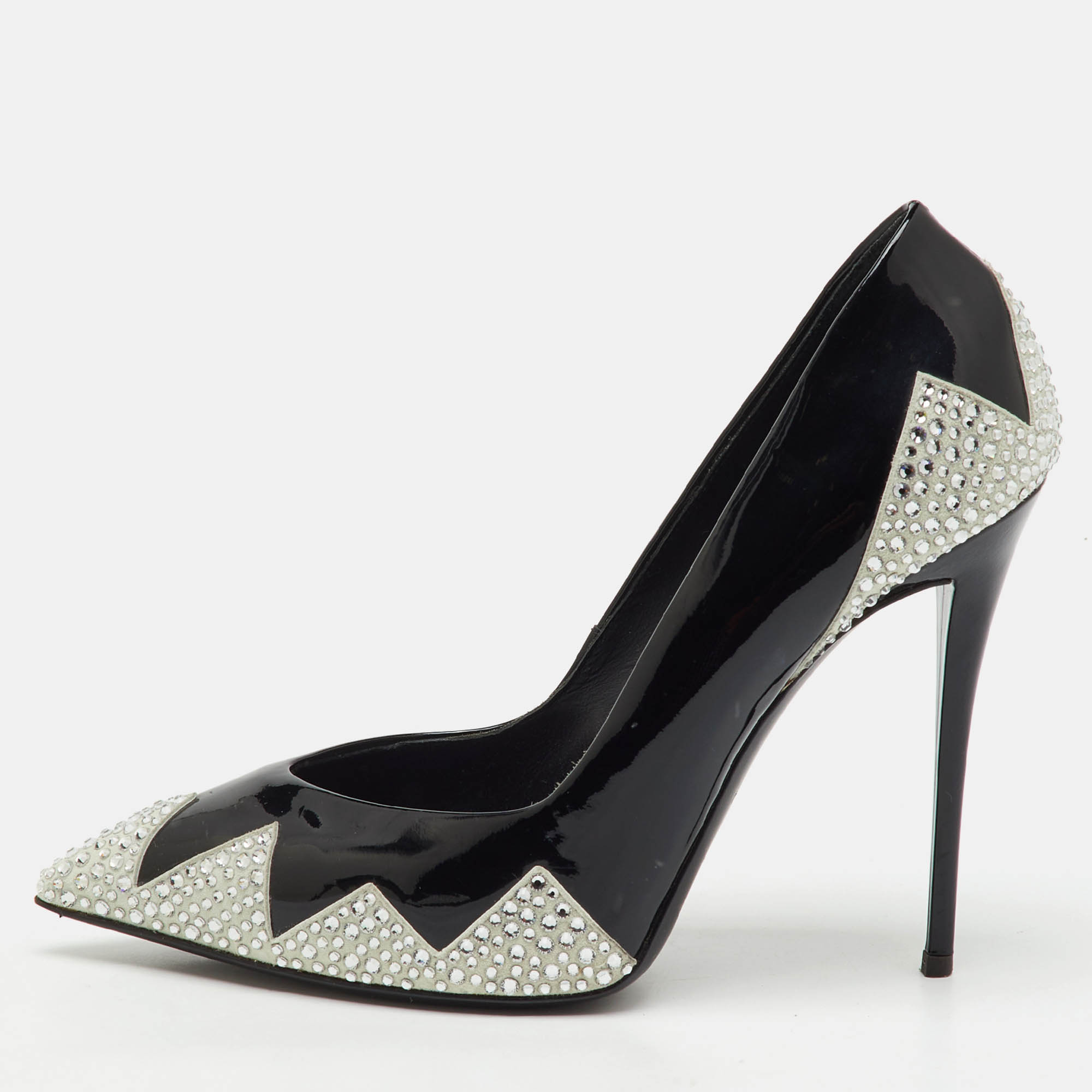 Pre-owned Giuseppe Zanotti Black Patent Leather And Suede Crystal Embellished Pointed Toe Pumps Size 38