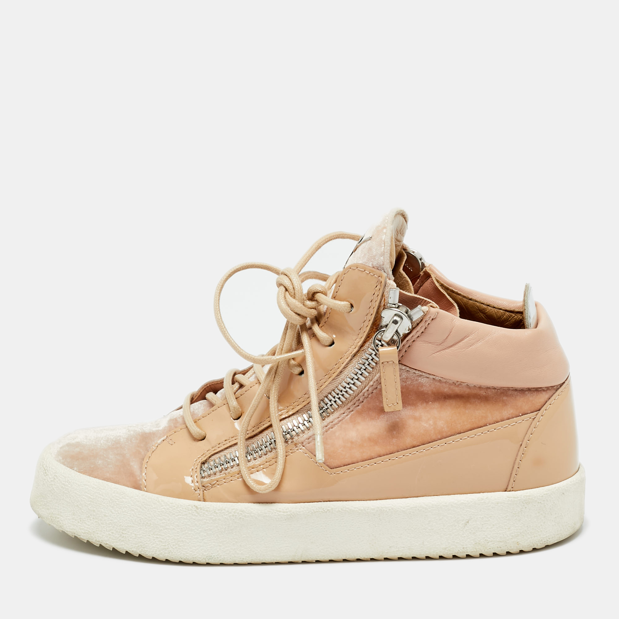 

Giuseppe Zanotti Pink/Beige Leather and Patent Leather Mid Top Sneakers Size