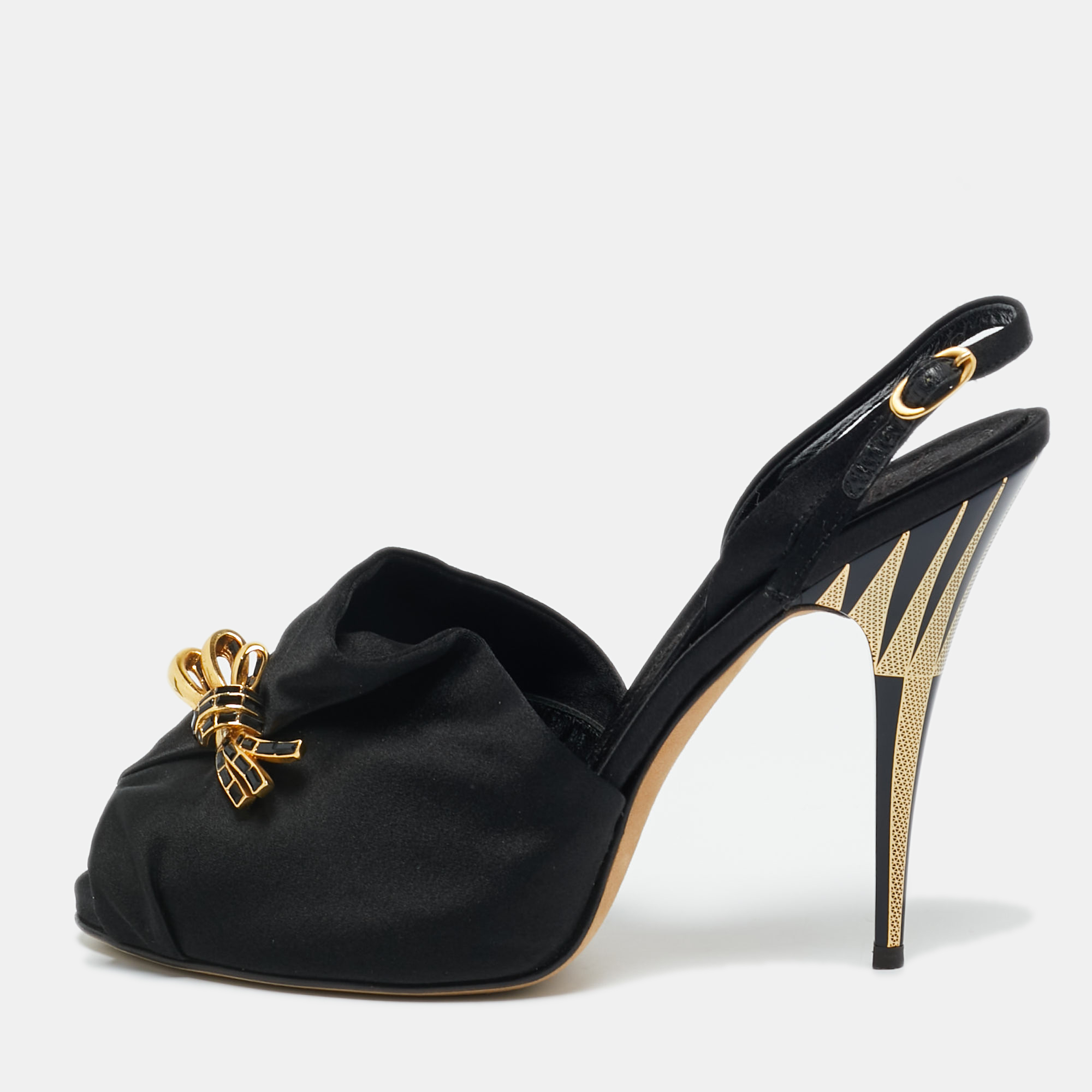 

Giuseppe Zanotti Black Satin Bow Crystal Embellish Slingback Sandals Size