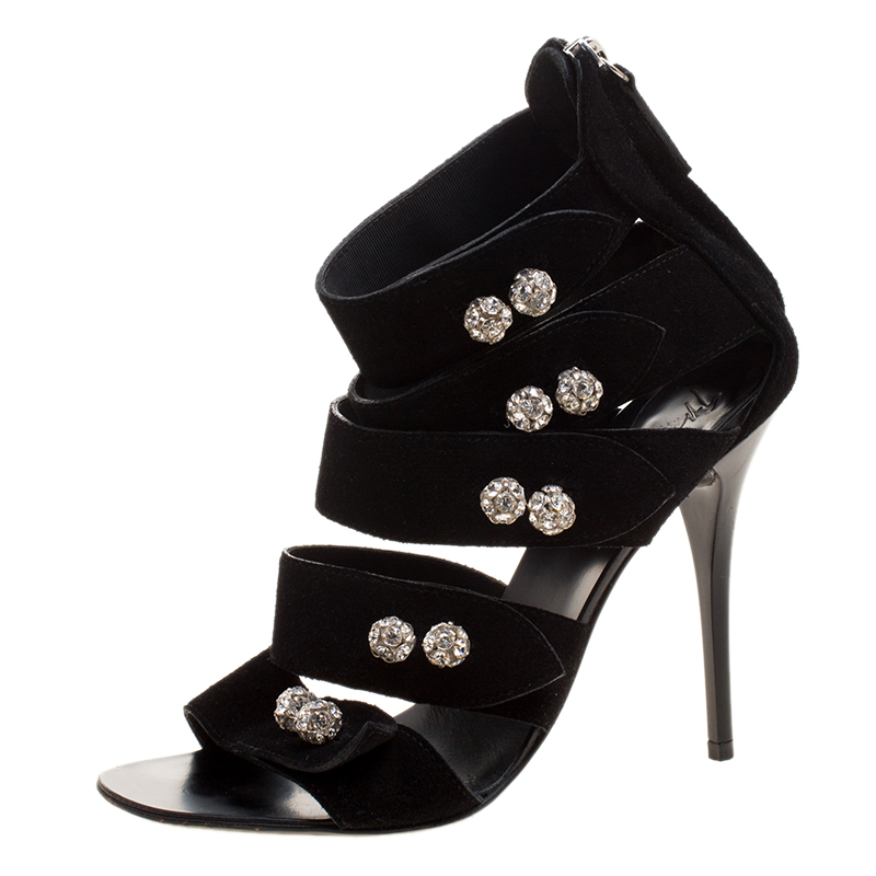 Giuseppe Zanotti Black Suede Crystal Ball Embellished Sandals Size 36