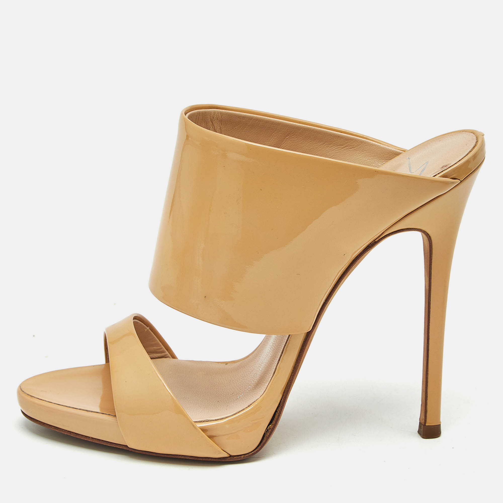 Pre-owned Giuseppe Zanotti Beige Patent Leather Andrea Slide Sandals Size 35