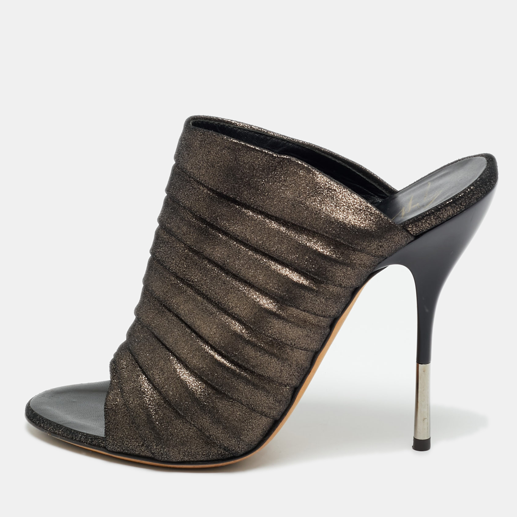 Pre-owned Giuseppe Zanotti Metallic Texture Suede Open Toe Mules Size 36 In Silver