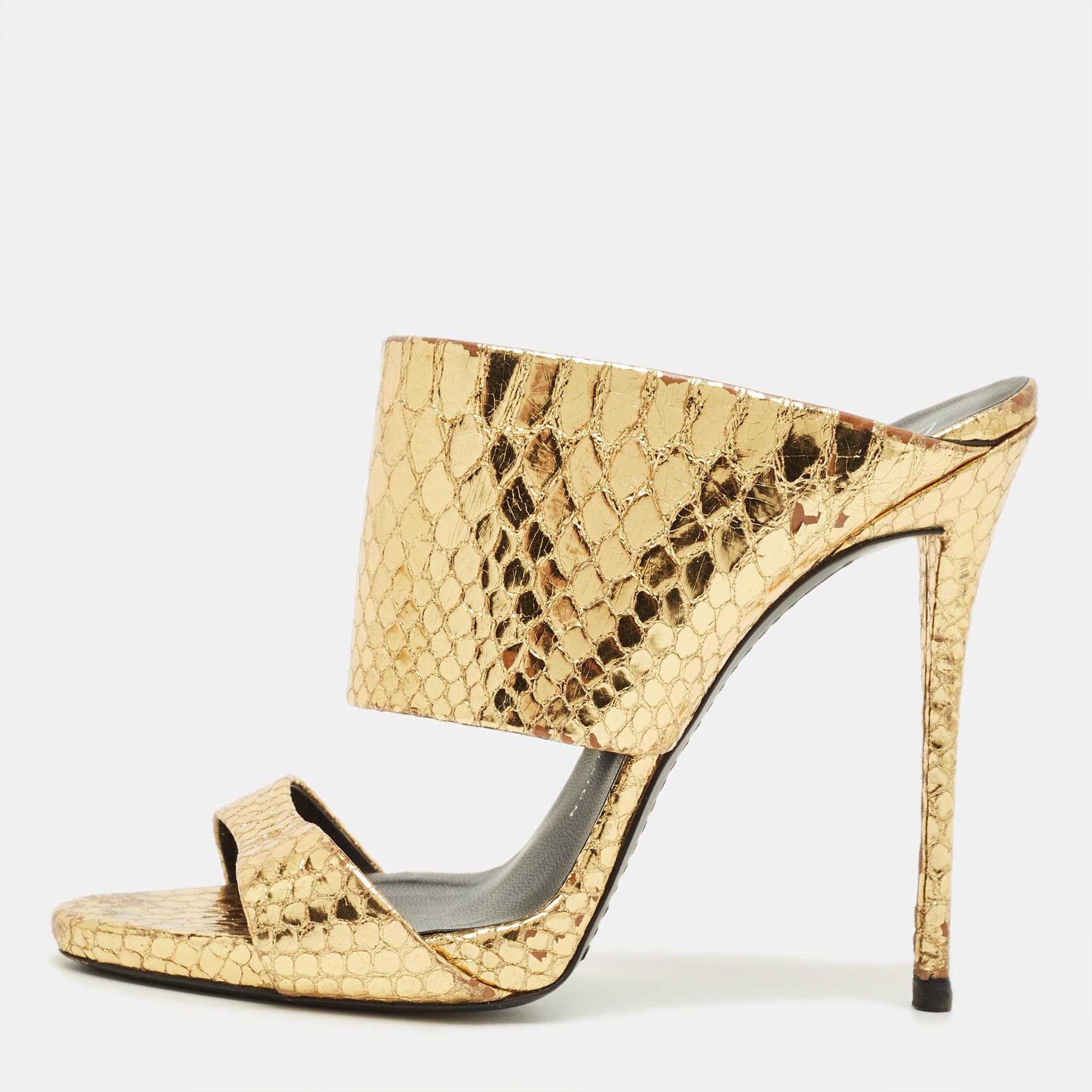Pre-owned Giuseppe Zanotti Gold Python Embossed Leather Andrea Slide Sandals Size 40