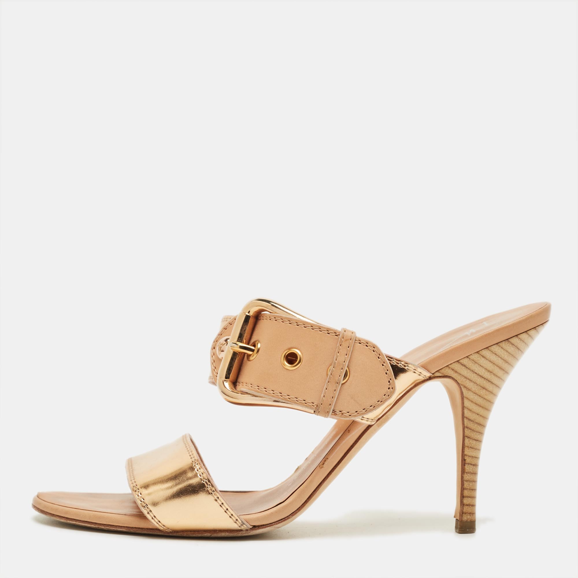 Pre-owned Giuseppe Zanotti Gold Leather Buckle Slide Sandals Size 39.5