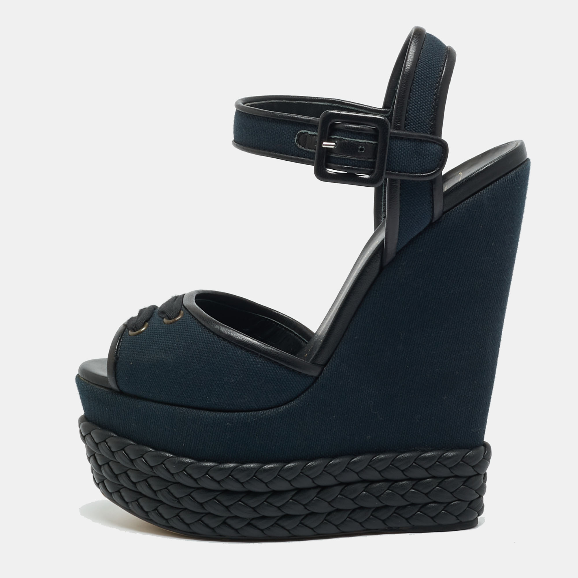 Pre-owned Giuseppe Zanotti Navy Blue/black Canvas And Leather Ankle Strap Wedge Sandals Size 36