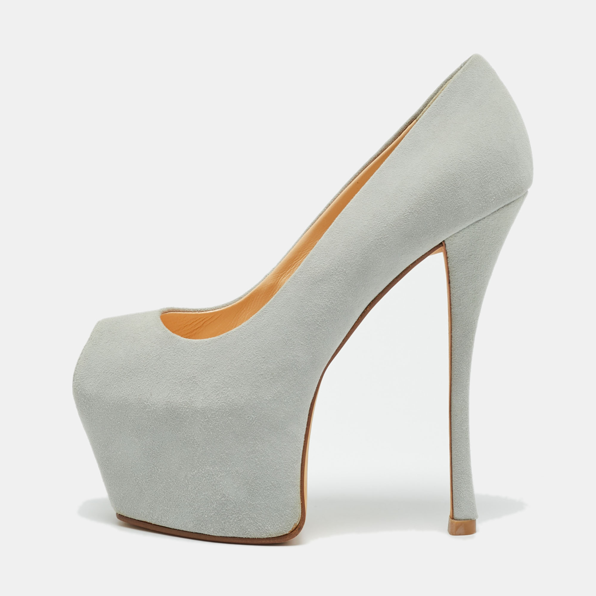 

Guisuppe Zanotti Grey Suede Liza Peep Toe Platform Pumps Size