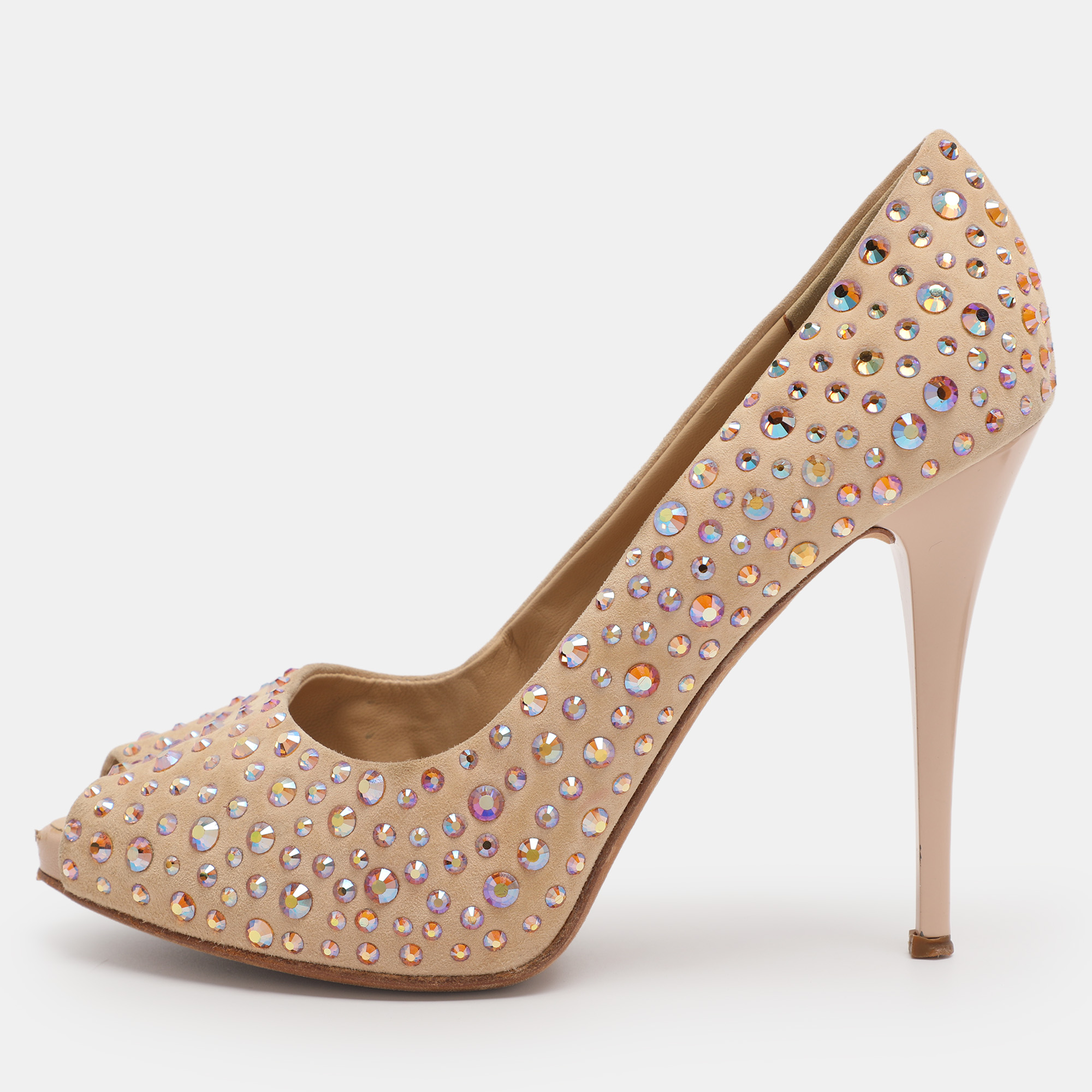 

Giuseppe Zanotti Beige Suede Crystal Embellished Peep Toe Pumps Size 40