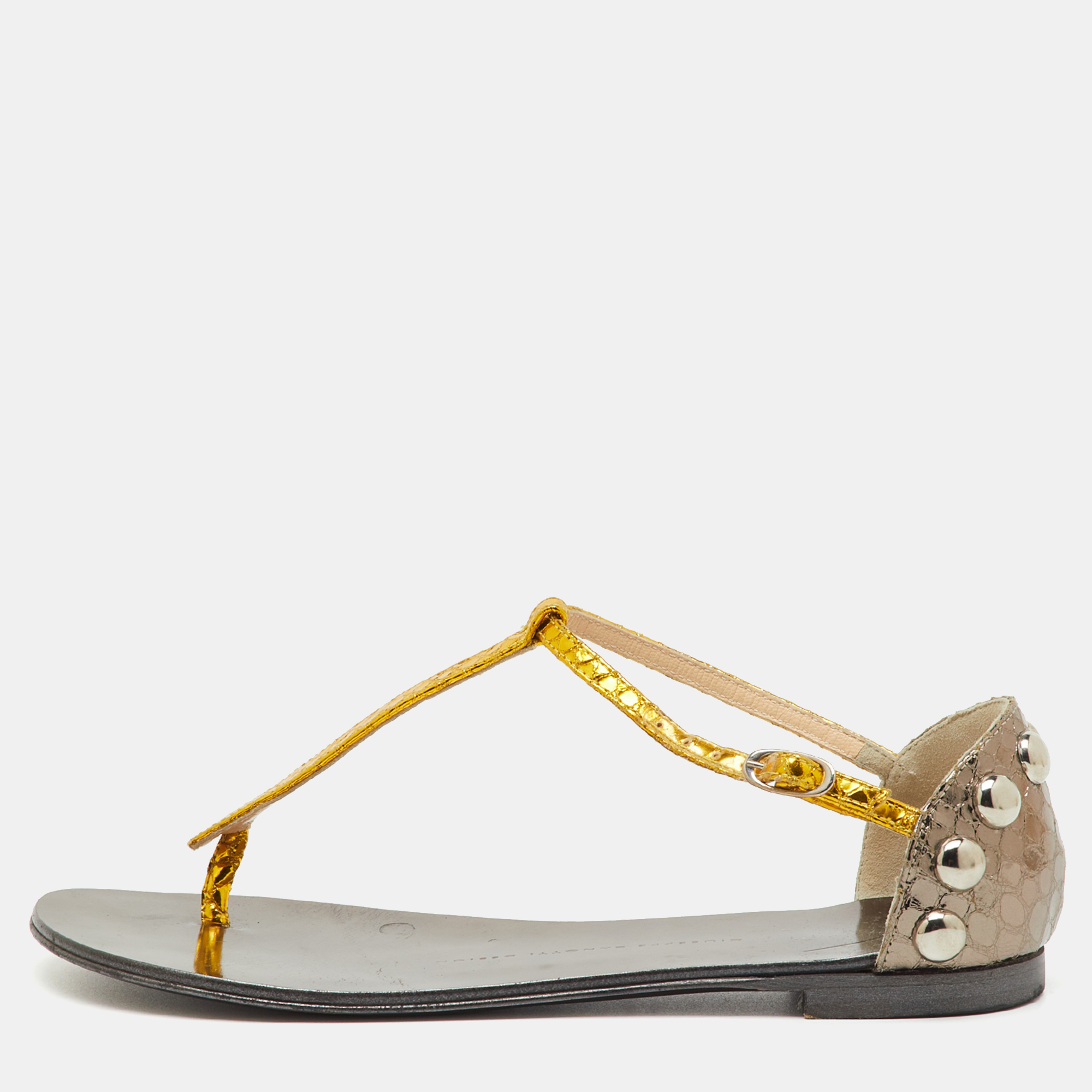 GIUSEPPE ZANOTTI Pre-owned Metallic Yellow/grey Python Embossed Leather Flat Thong Sandals Size 36
