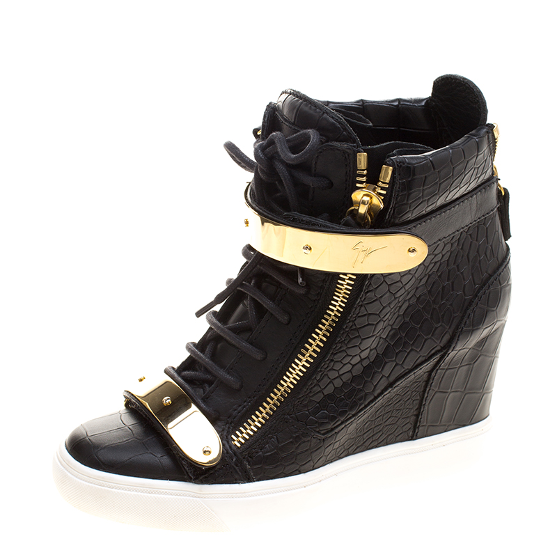 Pre Owned Giuseppe Zanotti Black Croc Embossed Leather Lorenz Wedge Sneakers Size 37
