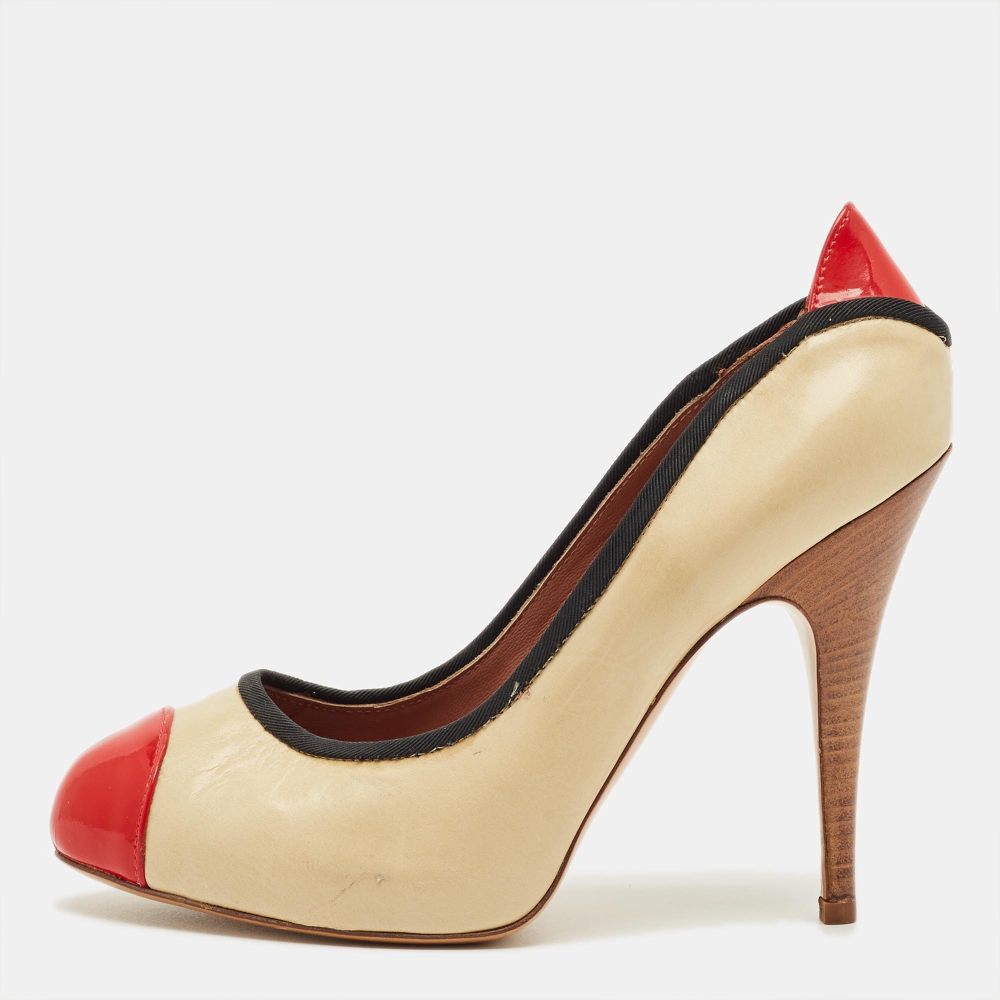 Click to view more detailed imagery on our partner's website Pre-owned Giuseppe Zanotti Tricolor Leather And Patent Leather Cap Toe Pumps Size 38 In Sand