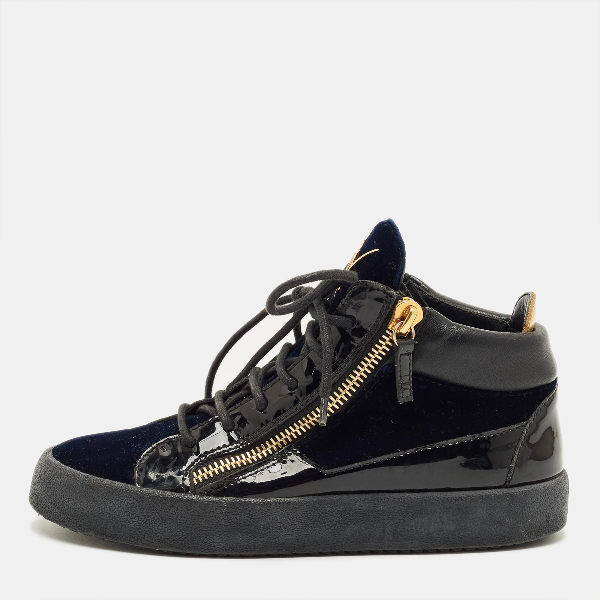 Pre-owned Giuseppe Zanotti Size 38 Navy Blue/black Patent Leather And Velvet High Top Sneakers