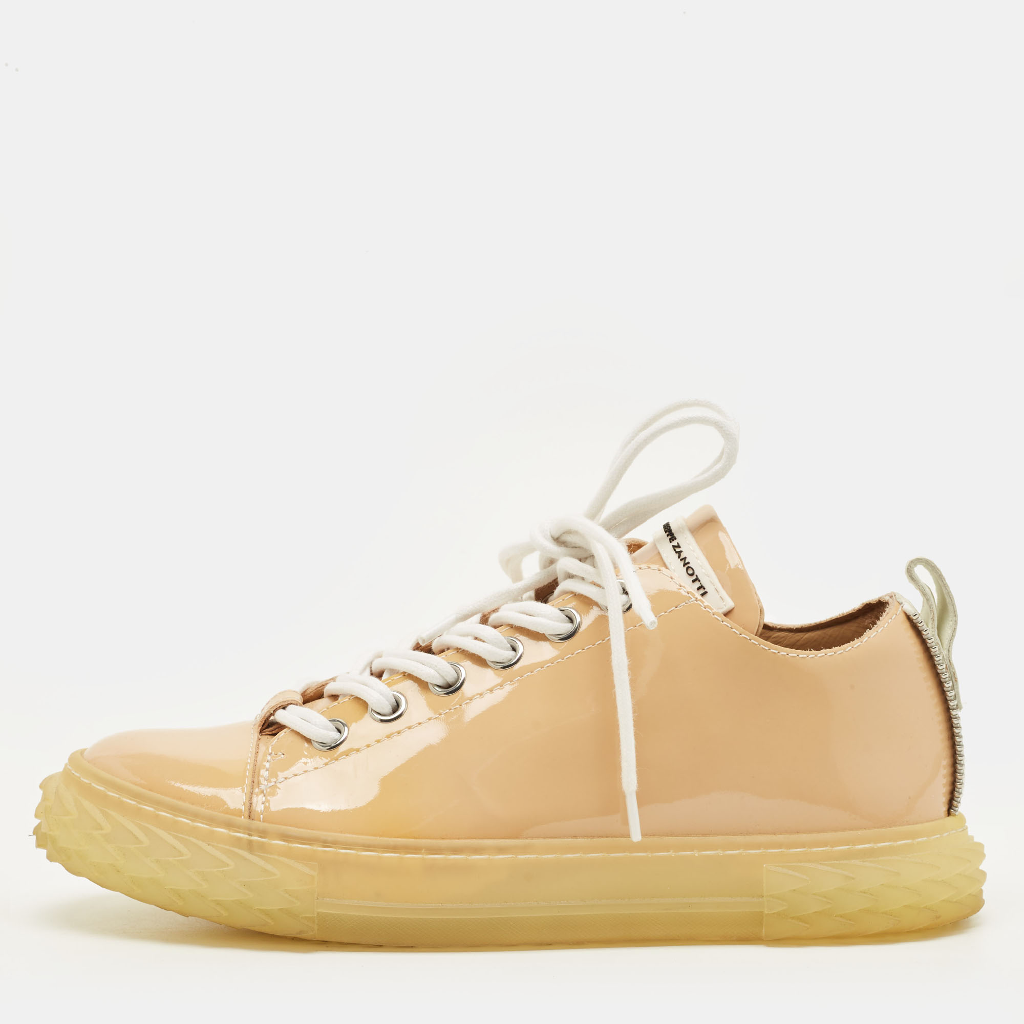 Pre-owned Giuseppe Zanotti Blabber Size 39 Beige Patent Leather Low Top Sneakers In Sand