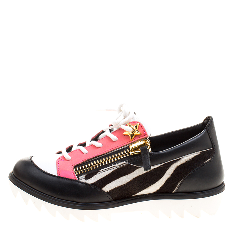 

Giuseppe Zanotti Multicolor Zebra Print Pony Hair and Leather Lace Up Sneakers Size