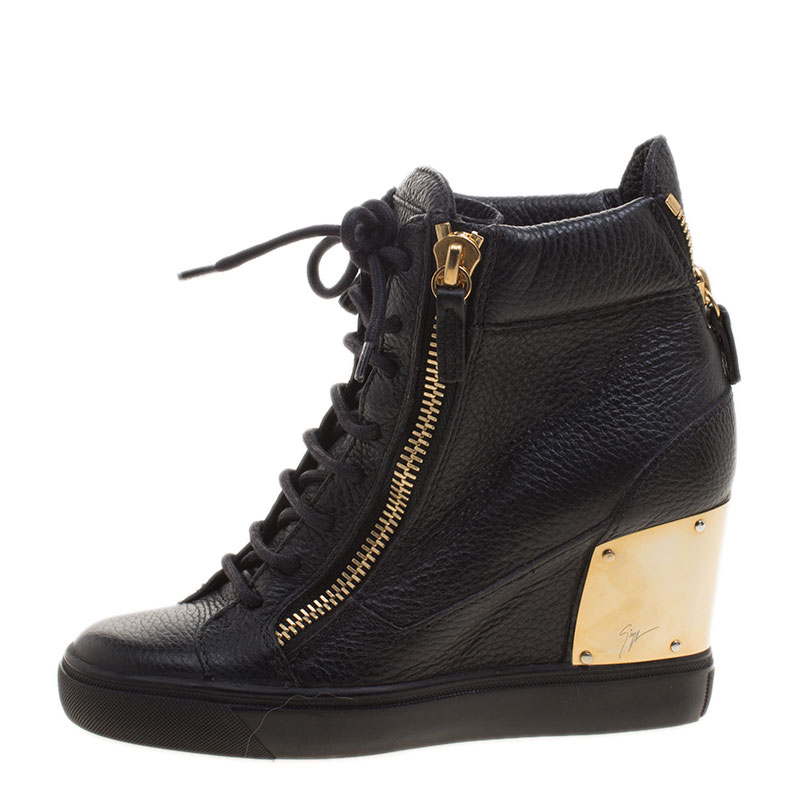 

Giuseppe Zanotti Black Leather Hidden Wedge Sneakers Size