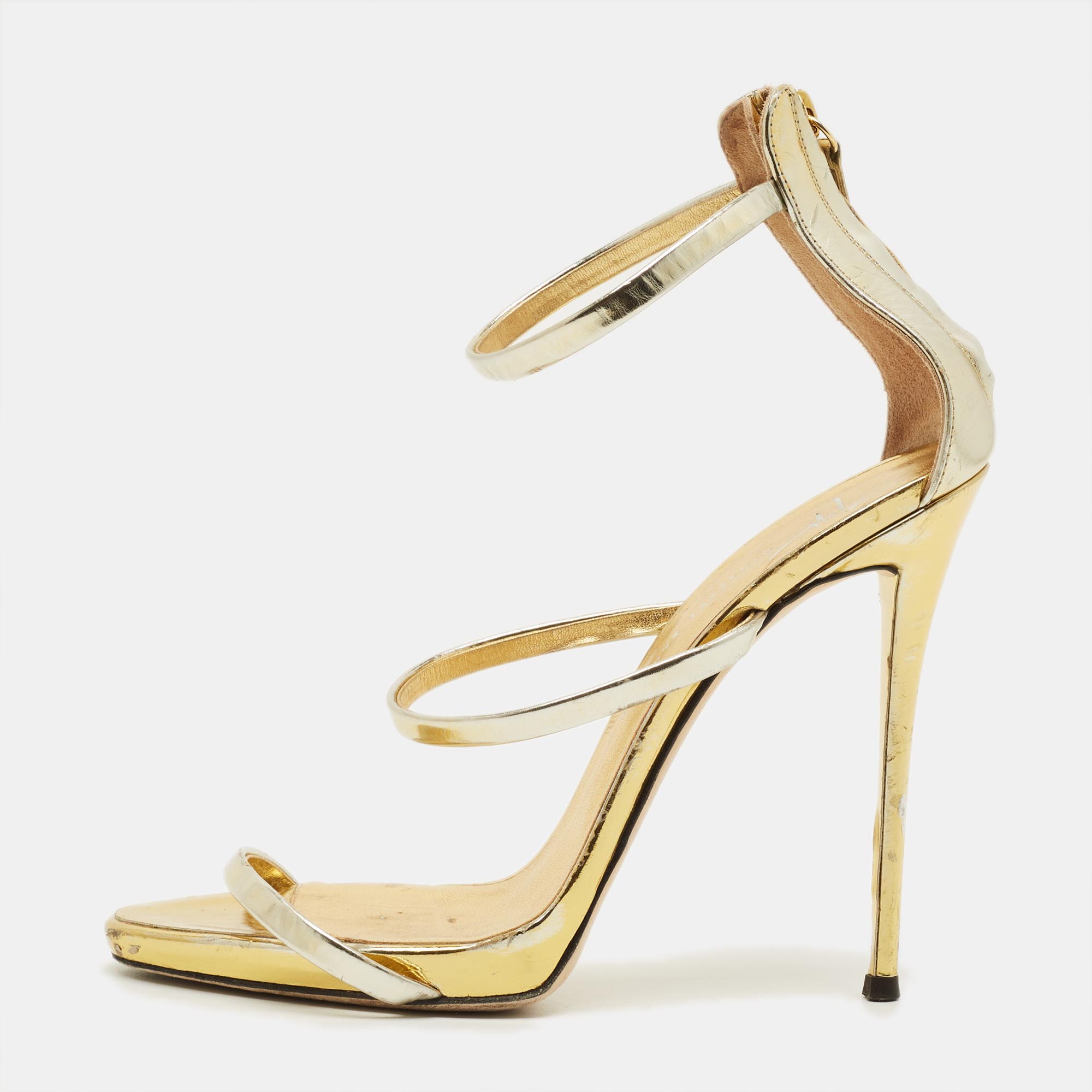 

Giuseppe Zanotti Harmony Size  Gold Foil Leather Ankle Strap Sandals