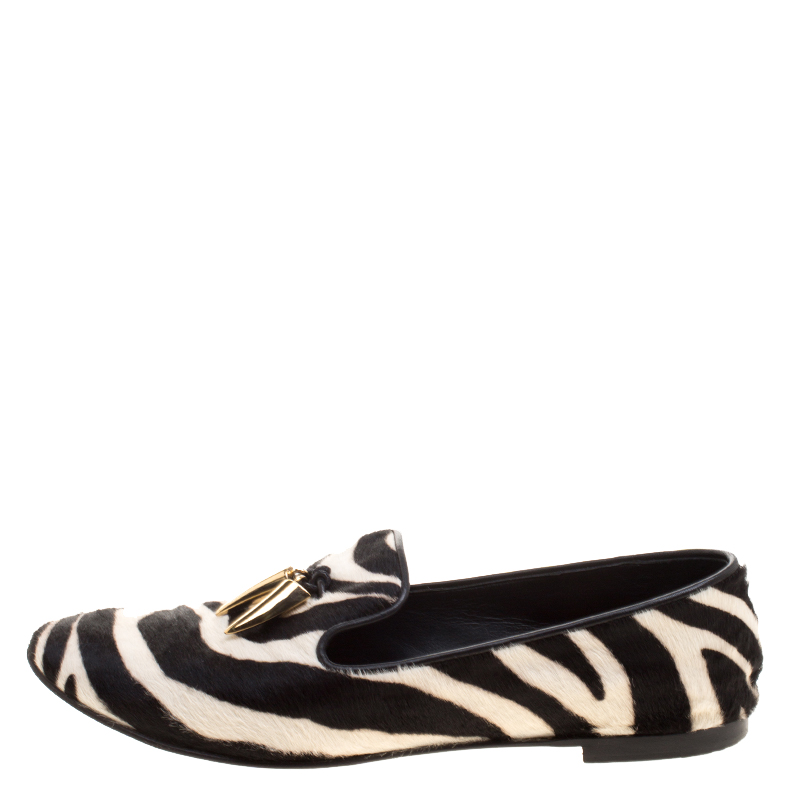 

Giuseppe Zanotti Zebra Print Pony Hair Shark Tooth Embellished Smoking Slippers Size, Black