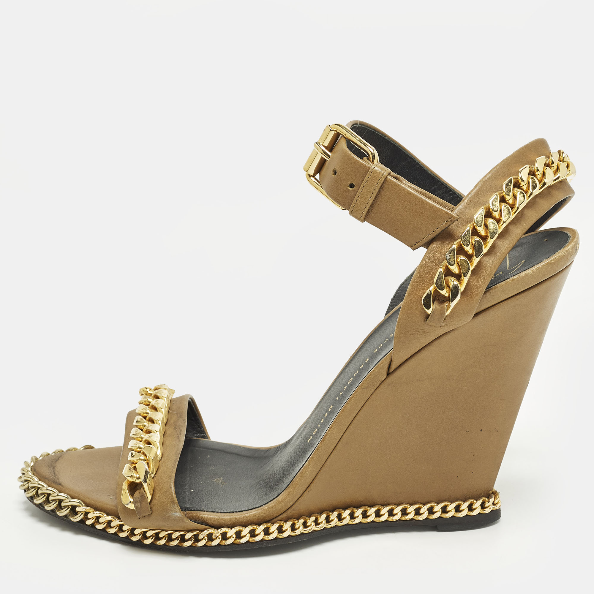 

Giuseppe Zanotti Size  Brown Leather Chain Detail Wedge Sandals