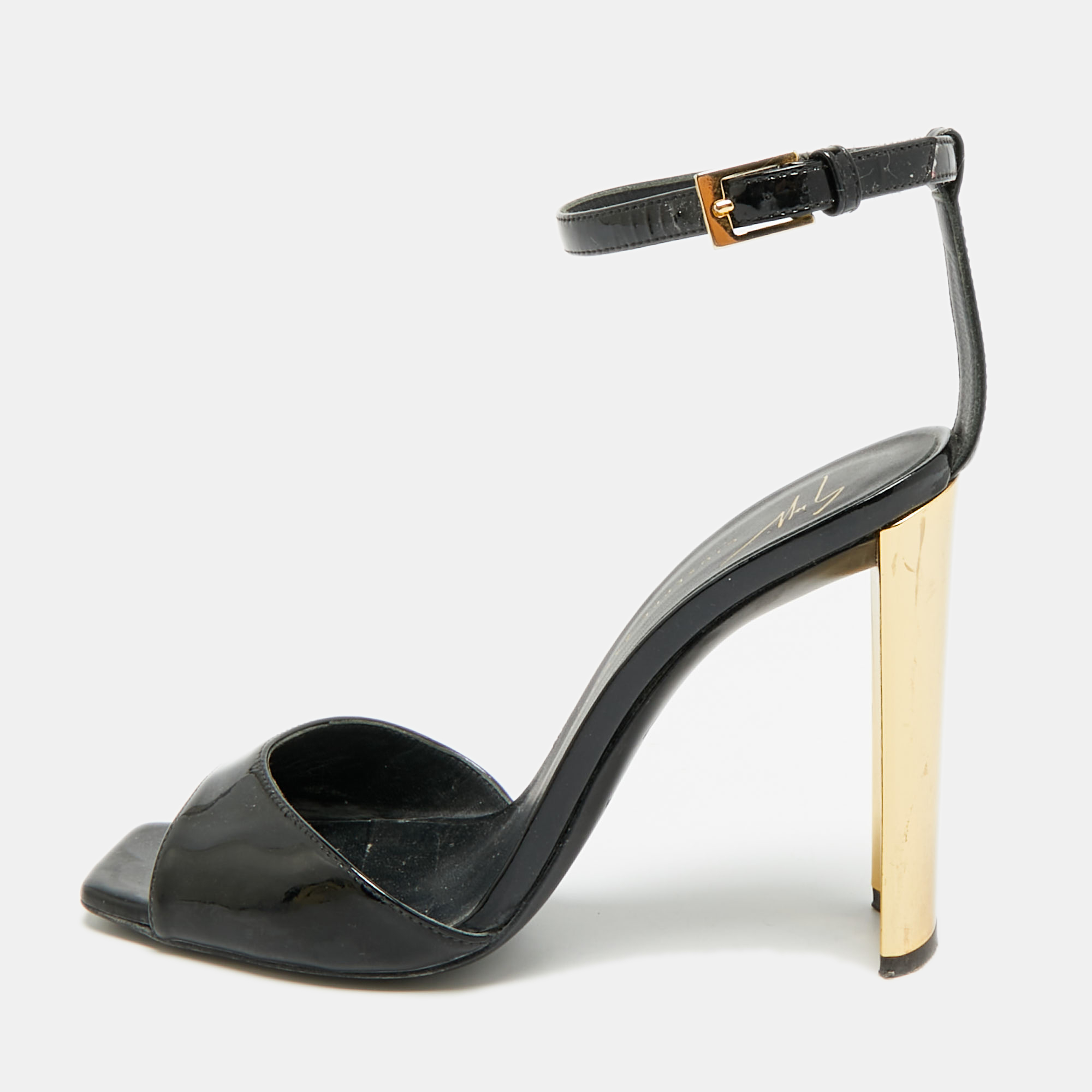 

Giuseppe Zanotti Size  Black/Gold Patent Leather Ankle Strap Sandals