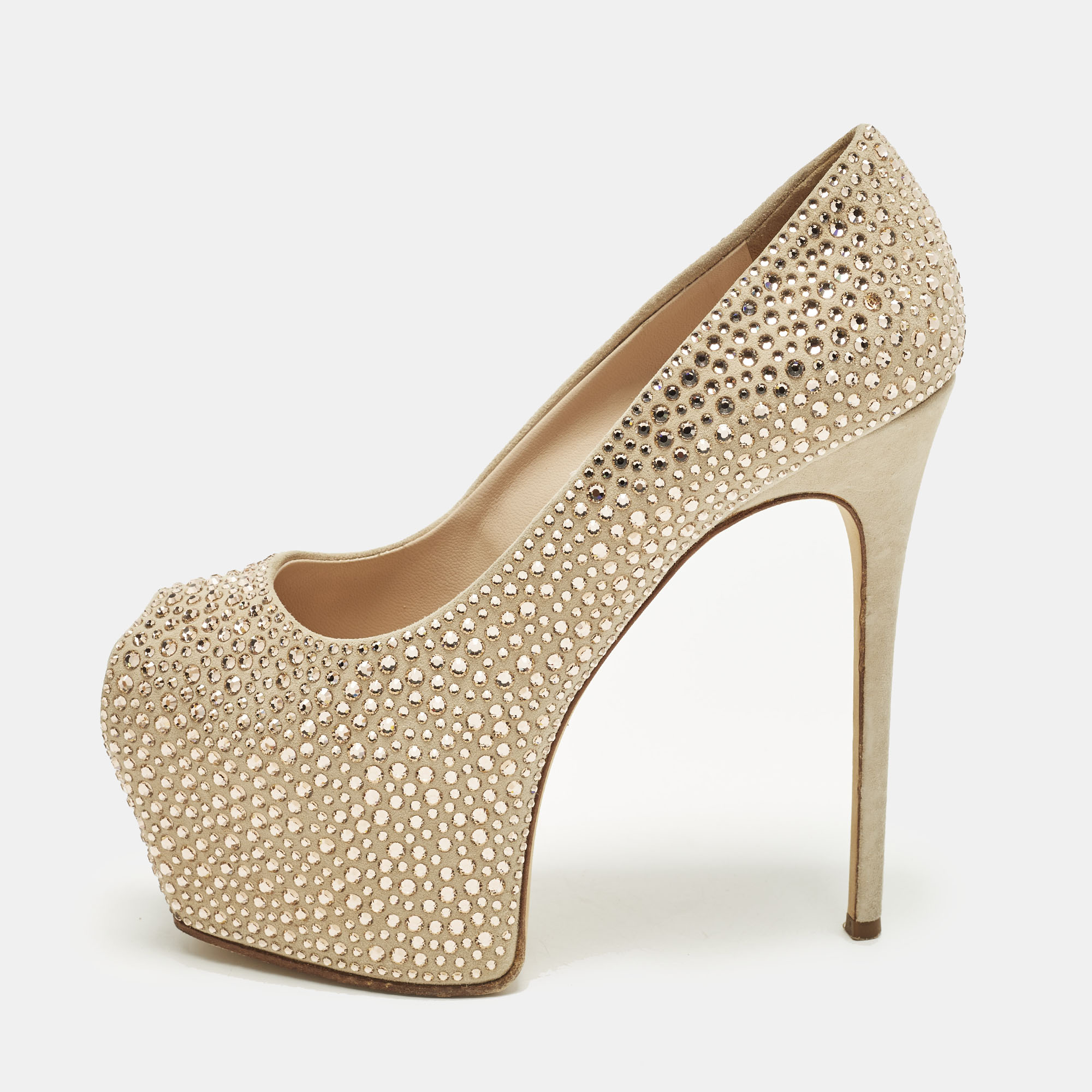

Giuseppe Zanotti Size  Beige Suede Crystal Embellished Liza Peep Toe Pumps