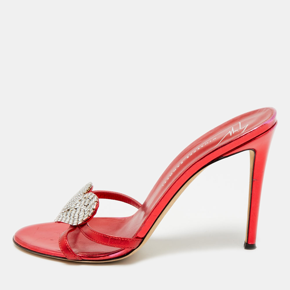 

Giuseppe Zanotti Size  Red Leather Crystals Heart Embellished Slide Sandals