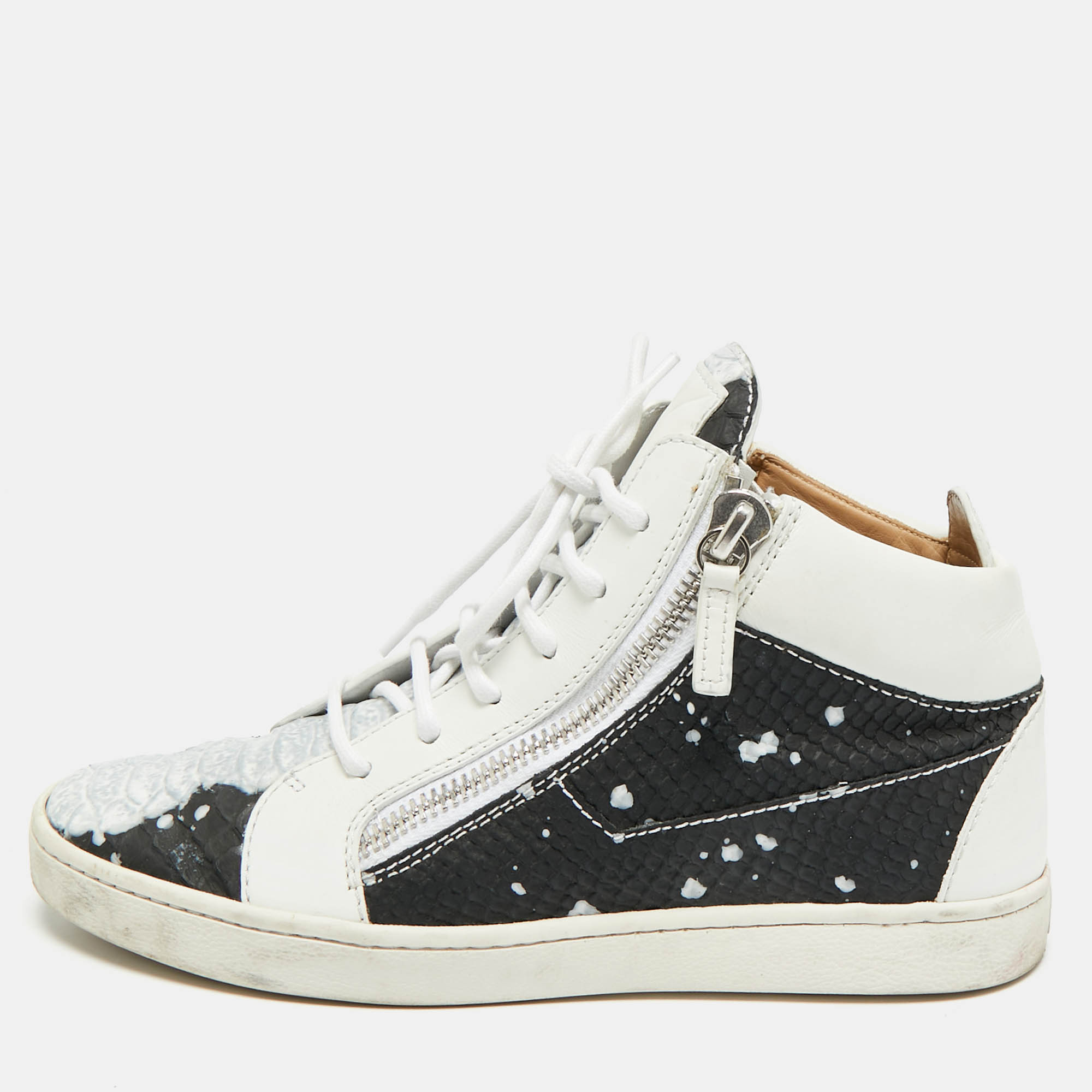 

Giuseppe Zanotti Frankie Size  Tricolor Leather and Python Embossed High Top Sneakers, White