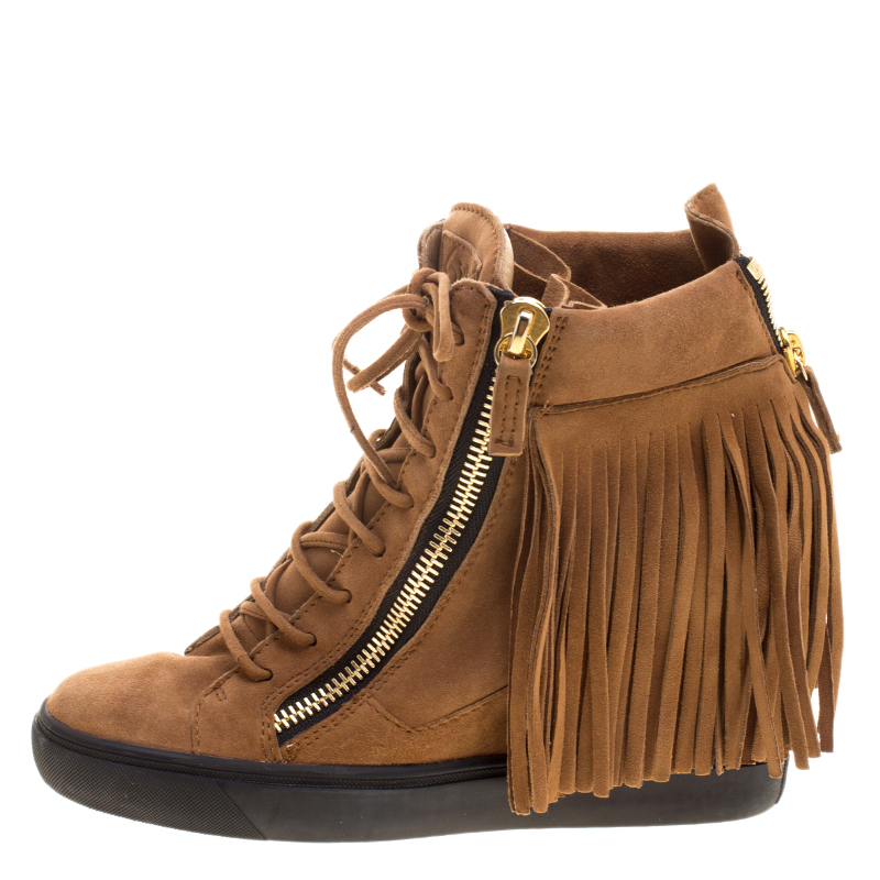 

Giuseppe Zanotti Brown Suede Lorenze Fringe Wedge Sneakers Size