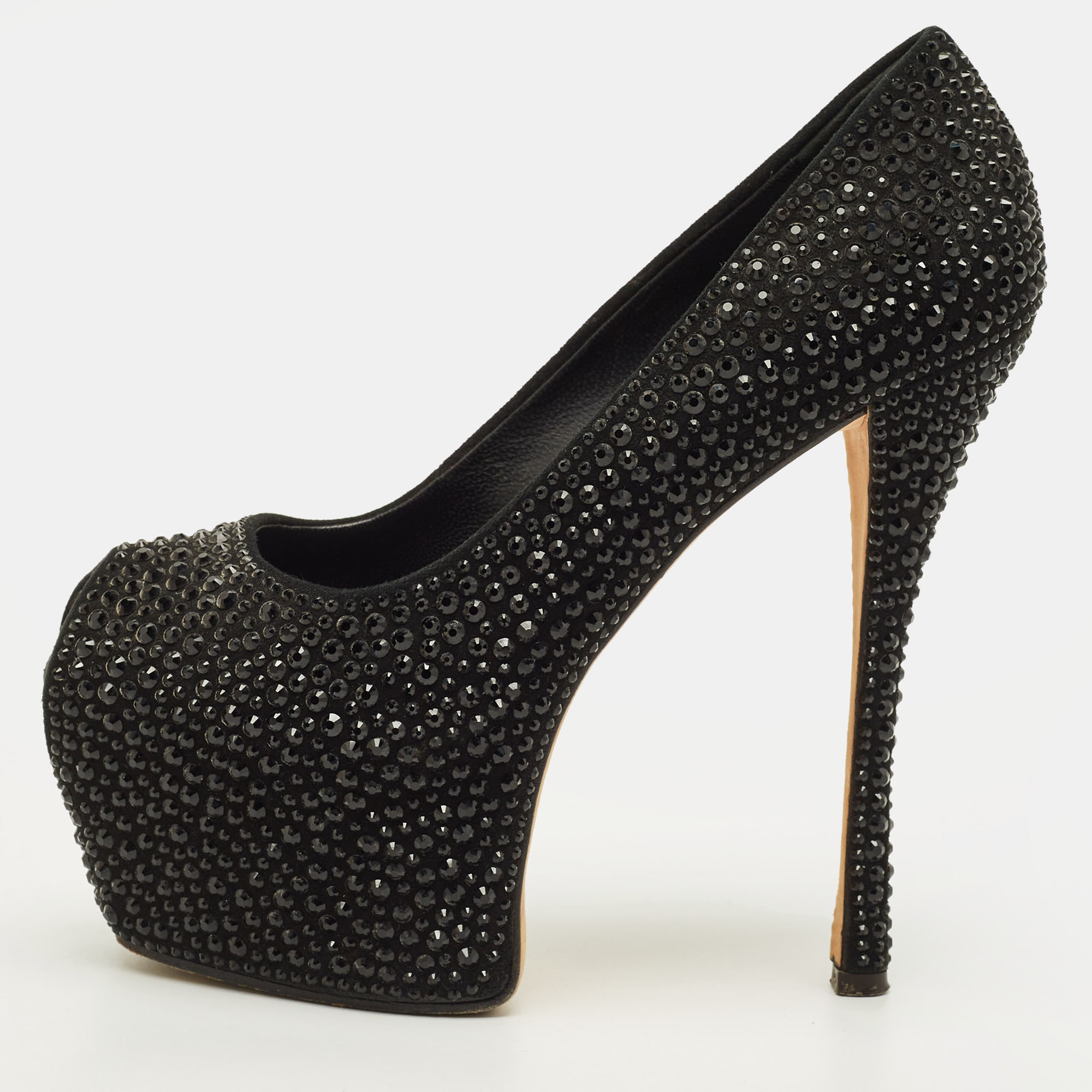 

Giuseppe Zanotti Liza Size  Black Suede Crystal Embellished Peep Toe Pumps