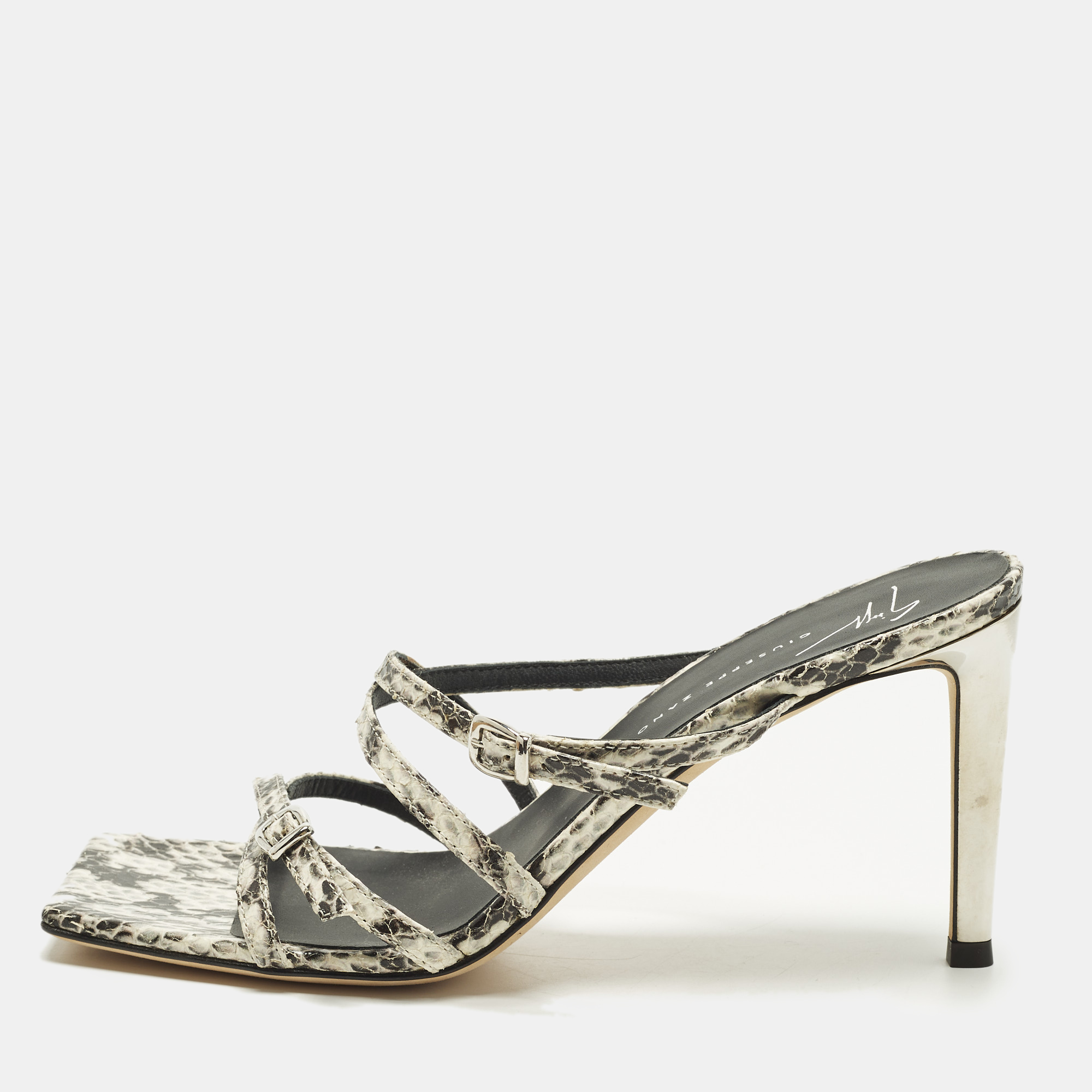 

Giuseppe Zanotti Size  Black/White Python Embossed Leather Strappy Slide Sandals