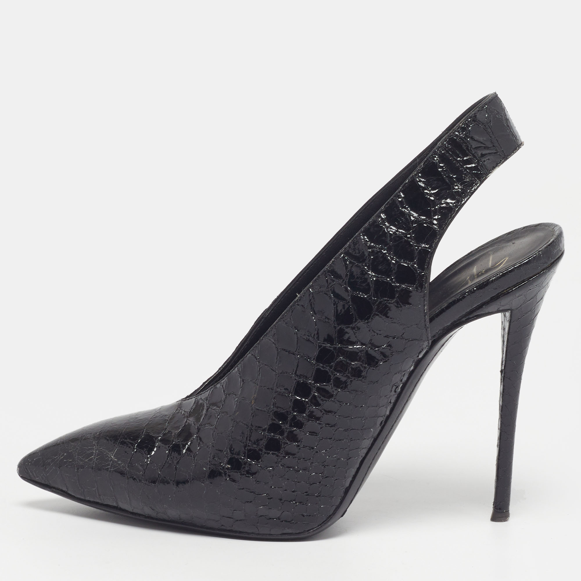 

Giuseppe Zanotti Size  Black Snakeskin Embossed Patent Leather Slingback Pumps