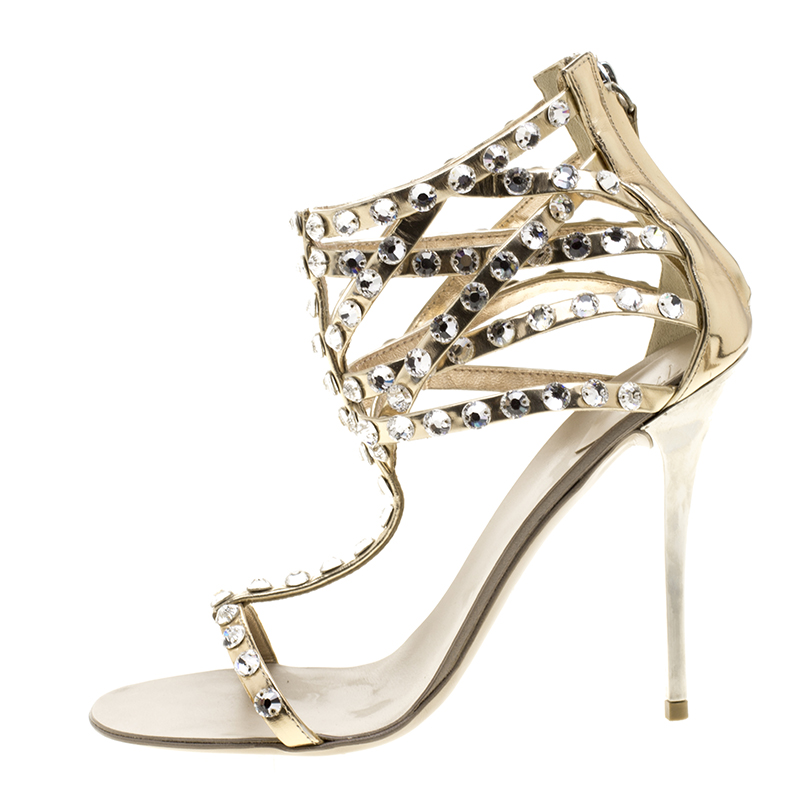 

Giuseppe Zanotti Metallic Dull Gold Leather Crystal Embellished T Strap Sandals Size