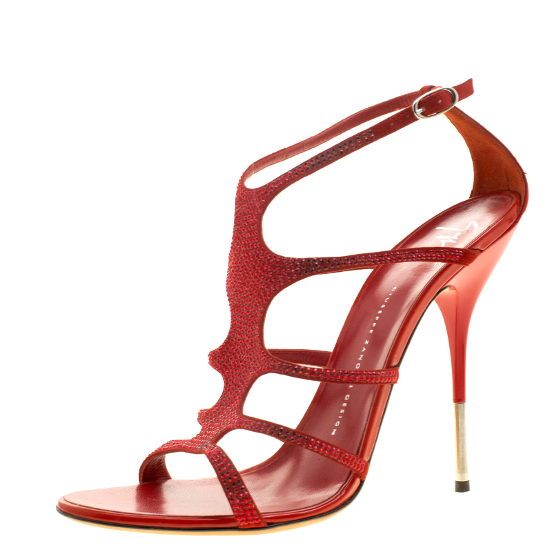 Pre Owned Giuseppe Zanotti Red Suede Crystal Embellished Strappy Sandals Size 41