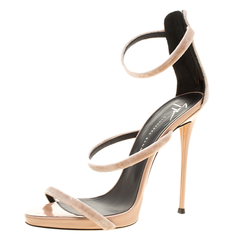 Giuseppe Zanotti Beige Velvet Harmony Ankle Strap Sandals Size 37.5
