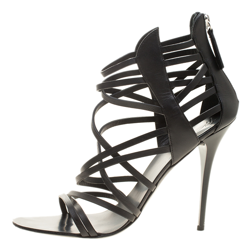 

Giuseppe Zanotti Black Leather Henry Strappy Open Toe Sandals Size