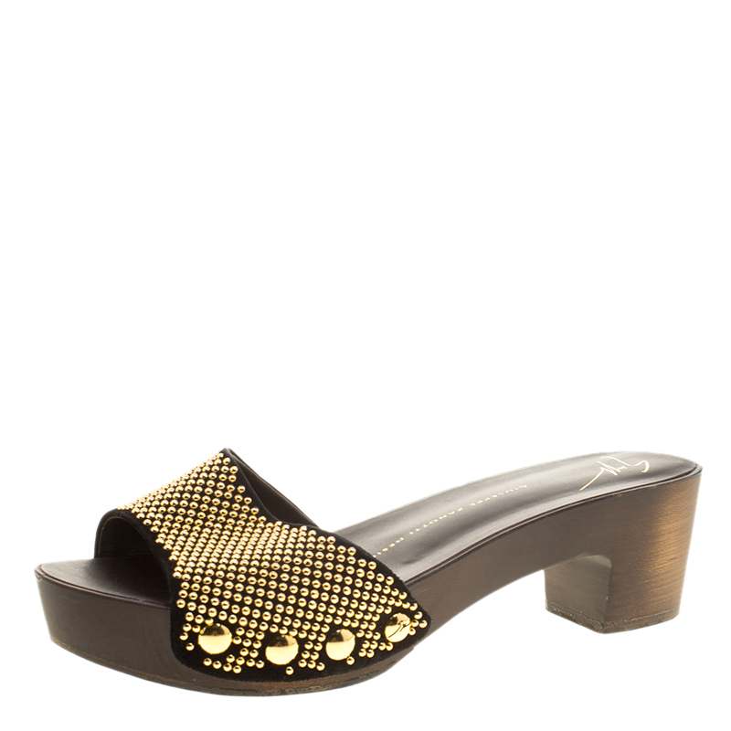 Pre Owned Giuseppe Zanotti Black Studded Suede Slip On Platform Clogs Size 38