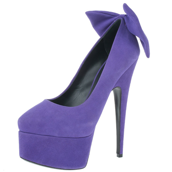 Pre Owned Giuseppe Zanotti Purple Suede Debra Bow Platform Pumps Size 36.5