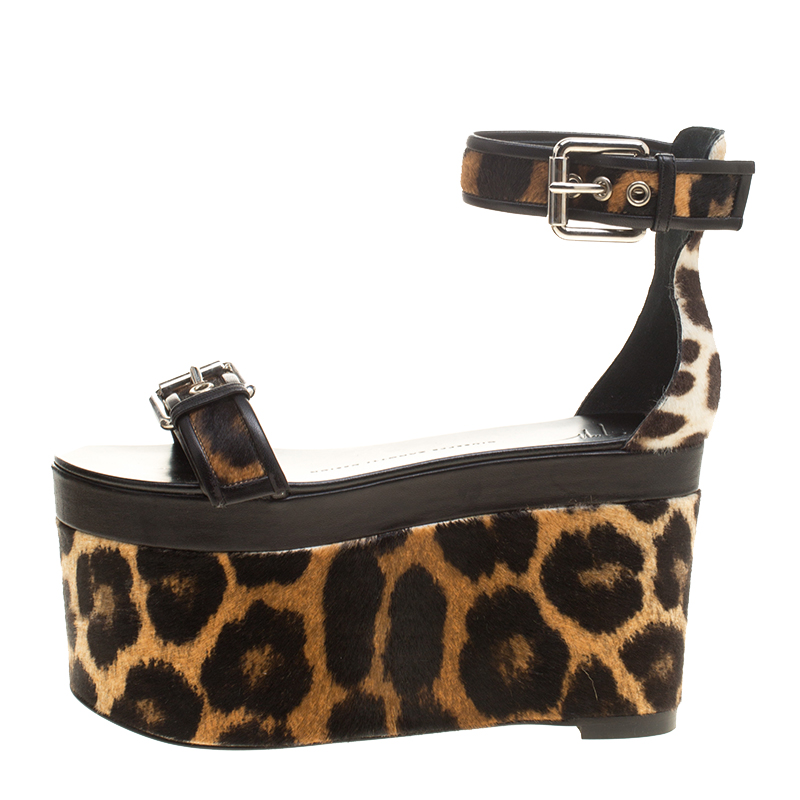 

Giuseppe Zanotti Black Leather and Leopard Calf Hair Ankle Strap Platform Sandals Size