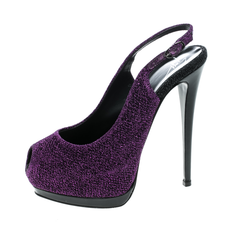 

Giuseppe Zanotti Metallic Purple Lurex Fabric Peep Toe Slingback Sandals Size